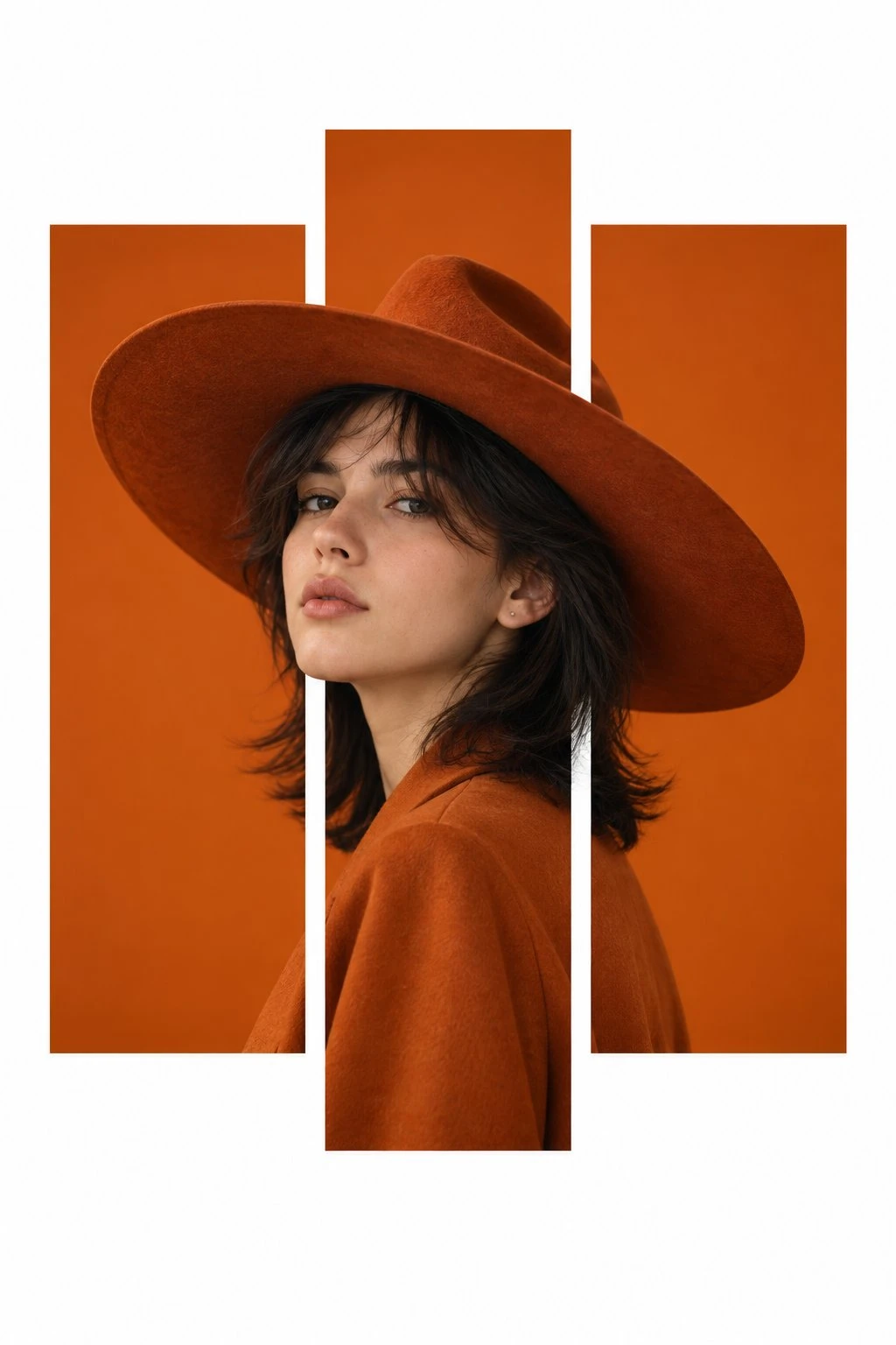 trend prompt: Create a vertical 2:3 fashion editorial poster with a minimalist, modern aesthetic. Use a clean white background with three tall, rectangular orange panels arranged vertically across the center, with narrow white gaps between them. The middle panel is slightly taller than the two outer panels. Feature a realistic young woman with fair skin, delicate facial features, and light brown hair styled neatly under a large, wide-brimmed burnt-orange cowboy hat. She wears an elegant burnt-orange long-sleeve blouse with soft folds and a refined fashion-forward look. Position the woman in a three-quarter profile, facing slightly toward the camera with a calm, confident expression. Her head and oversized hat extend across all three orange panels, while her body is primarily visible through the center panel. The orange panels should create a striking cutout effect, with parts of the portrait appearing to overlap the panel edges. Use warm studio lighting, soft natural skin texture, subtle shadows, crisp edges, high-end fashion photography, balanced negative space, and a premium contemporary magazine design. Use a monochromatic burnt-orange color palette against a pure white background. No text, no logos, no typography, no borders, no extra objects. Focus entirely on the woman, the oversized hat, and the geometric orange panel composition