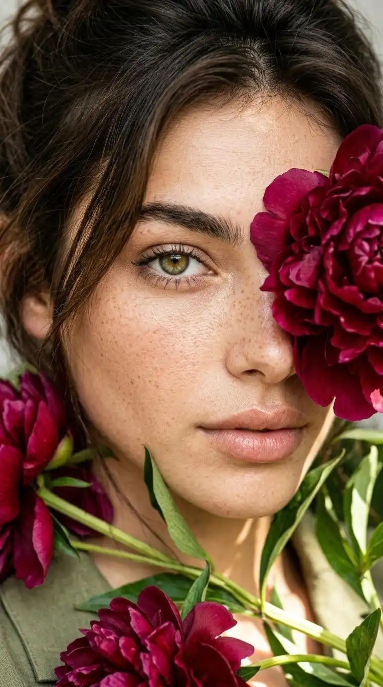 trend prompt: A breathtaking ultra-photorealistic fine-art beauty portrait of an elegant adult woman, captured in an intimate extreme close-up vertical composition. Her face fills almost the entire frame, viewed from a slightly overhead/side angle, creating a raw, sophisticated editorial mood. She has warm fair-to-medium skin with exceptionally realistic natural texture, clearly visible freckles scattered organically across her forehead, cheeks, nose, and chin, subtle pores, delicate fine facial hairs, natural skin variations, and soft realistic imperfections. Her facial structure is refined and harmonious, with softly defined cheekbones, a straight natural nose, naturally full glossy muted nude-pink lips, and a calm, mysterious expression. One striking hazel-green eye is the primary focal point, looking directly into the camera. The iris contains intricate olive-green, amber, and golden-brown details with a realistic dark limbal ring and subtle catchlight. Extremely detailed natural eyelashes, individually separated strands, softly defined eyebrow hairs, minimal natural makeup, realistic eyelid texture. Her dark brown, slightly tousled hair frames the upper-left portion of her face, with individual strands visible and naturally falling around her forehead and temple. A large, luxurious deep burgundy/magenta peony flower partially covers the right side of her face, positioned around her eye and cheek. The flower has densely layered velvety petals, rich wine-red and crimson tones, subtle variations in color, delicate folds, natural imperfections, and a small glimpse of warm golden-yellow stamens near the center. Additional burgundy peony blossoms surround the lower-left side of her face, with fresh green leaves and slender stems naturally woven around her neck and jawline. The composition should emphasize the contrast between freckled natural skin, vivid burgundy flowers, and fresh green foliage. The flowers appear physically present against the skin rather than digitally pasted, with realistic contact shadows and botanical texture. Lighting: bright natural sunlight from one side, producing dramatic yet elegant highlights across the forehead, cheek, nose, and lips, with soft directional shadows beneath the flower and facial contours. Warm daylight with subtle golden undertones, realistic skin luminosity, controlled highlights, cinematic tonal depth. Composition: extreme close-up beauty photography, vertical 9:16 framing, face occupying approximately 85-90% of the frame, one eye as the main focal point, flower partially obscuring the opposite side of the face, carefully balanced floral framing, shallow depth of field, beautifully blurred background, exceptionally sharp eye and freckles, realistic optical falloff. Style: luxury beauty campaign, high-fashion editorial photography, botanical fine-art portrait, intimate contemporary beauty aesthetic, raw natural beauty, sophisticated minimalism, hyper-realistic skin, realistic botanical details, cinematic photography, subtle film grain, HDR, exceptional micro-texture, 85mm macro portrait lens, f/2.0, professional editorial photography, 8K detail. Negative prompt: cartoon, anime, illustration, CGI, 3D render, plastic skin, airbrushed skin, excessive retouching, artificial freckles, heavy makeup, fake eyelashes, distorted anatomy, asymmetrical eyes, extra eyes, deformed nose, malformed lips, unrealistic flowers, duplicated petals, artificial foliage, oversaturated colors, excessive sharpening, blurry eye, low resolution, waxy skin, unnatural lighting, text, watermark, logo