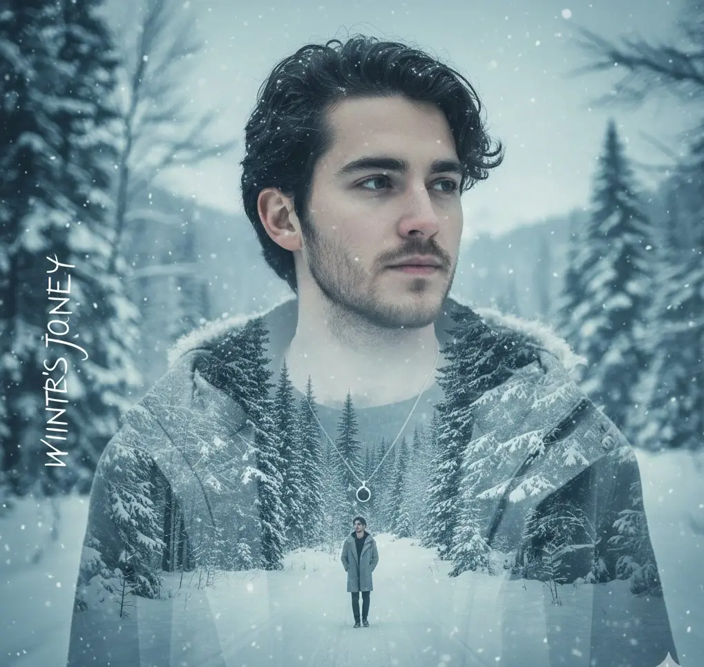 vip prompts: A surreal winter portrait  of a young man with wavy dark hair and a light beard, standing in a snowy forest landscape. Snowflakes rest softly on his hair and jacket. He is wearing a light grey winter coat and a necklace with a small round pendant. The image features a double-exposure effect: inside his coat, a smaller version of him is snow walking alone down a  snow-covered forest path surrounded by tall pine trees. The atmosphere is cold, dreamy, and cinematic. On the left side of the image, . The overall tone is peaceful, introspective, and artistic
Lens jacket. He is wearing a light grey winter coat and a necklace with a small round pendant. The image features a double-exposure effect: inside his coat, a smaller version of him is shown walking alone down a snow-covered forest path surrounded by tall pine trees. The atmosphere is cold, dreamy, and cinematic. On the left side of the image, . The overall tone is peaceful, introspective, and artistic