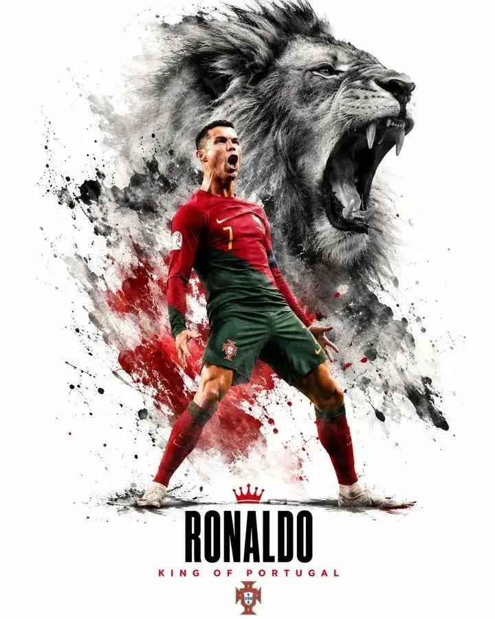 trend prompt: Create an epic sports poster featuring a legendary football player standing powerfully in the foreground, with a gigantic monochrome spirit animal emerging behind them (lion, wolf, eagle, bear, tiger, ram, dragon, etc.) symbolizing their personality and playing style. The background is an explosive mix of ink splashes, watercolor textures, smoke, and dynamic paint strokes in the colors of the player's national flag. Style: ultra-realistic sports photography blended with digital painting and ink splash illustration, premium Nike/Adidas campaign aesthetic, cinematic composition, high contrast, dramatic lighting, photorealistic anatomy, hyper-detailed jersey fabric, realistic skin texture, sweat, sharp focus. Composition: • Full-body player centered in a signature celebration or iconic pose • Massive roaring spirit animal behind the player, seamlessly blended into ink and watercolor splashes • White minimalist background with dramatic black ink explosions • Country flag colors integrated into brush strokes • Large bold player surname at the bottom • Small crown icon above the name • Epic subtitle beneath (e.g., "The King of Portugal", "The Greatest of All Time", "The French Phenom", "The Norse God") • National team crest below the title • Premium magazine/editorial layout with balanced negative space Lighting: Cinematic rim lighting, volumetric glow, HDR, dramatic shadows, studio-quality illumination. Camera: Low-angle perspective, 85mm sports portrait, ultra-sharp, full-body framing. Quality: 8K, masterpiece, ultra-detailed, photorealistic, award-winning sports poster, Behance quality, ArtStation quality, premium graphic design, dynamic motion, splash art, editorial typography, clean white background.