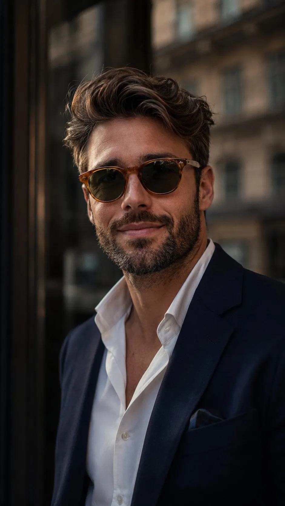 trend prompt: A cinematic close-up portrait of a rugged, sophisticated middle-aged man with thick wavy dark brown hair streaked with subtle gray, a full well-groomed salt-and-pepper beard, wearing premium translucent amber acetate round sunglasses with dark green lenses, dressed in a tailored navy blazer over a crisp white open-collar shirt. Soft natural window light from the side creates gentle contrast, highlighting skin texture and facial details.Moody luxury editorial aesthetic, timeless European style, shallow depth of field, blurred urban background, rich earthy color grading, ultra-realistic skin, premium fashion campaign, photorealistic, 85mm lens, f/1.8, high dynamic range, razor-sharp focus on the face and sunglasses, subtle film grain, luxury eyewear advertisement, 8K, highly detailed.9:16