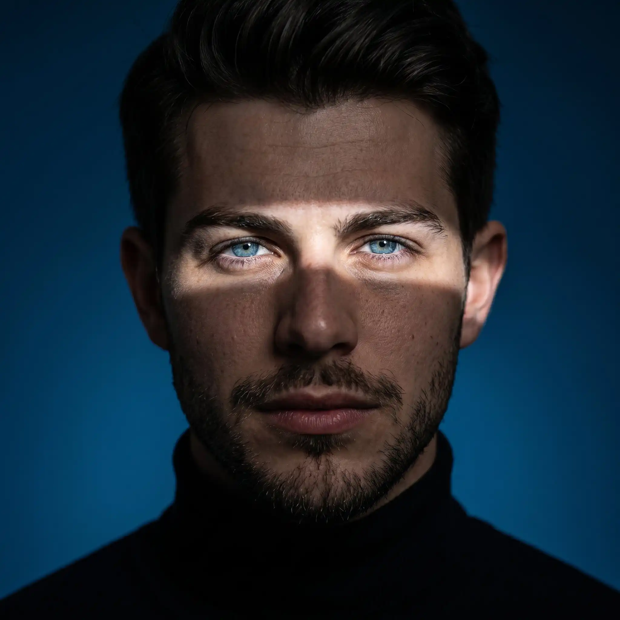 trend prompt: Ultra-realistic cinematic studio portrait, close-up headshot, subject centered, direct eye contact with the camera, neutral confident expression, wearing a black turtleneck sweater, dark navy seamless background, dramatic horizontal beam of sunlight cutting across only the eyes, leaving the forehead and lower face in deep shadow, bright catchlights in vivid blue/green eyes, highly detailed skin texture, natural pores, subtle facial hair (for male), soft realistic makeup (for female), moody low-key lighting, high contrast, minimal composition, editorial fashion photography, luxury magazine cover aesthetic, 85mm lens, f/1.8, shallow depth of field, razor-sharp focus on the eyes, cinematic color grading, ultra photorealistic, HDR, 8K, masterpiece, volumetric light, soft shadows, premium portrait photography.