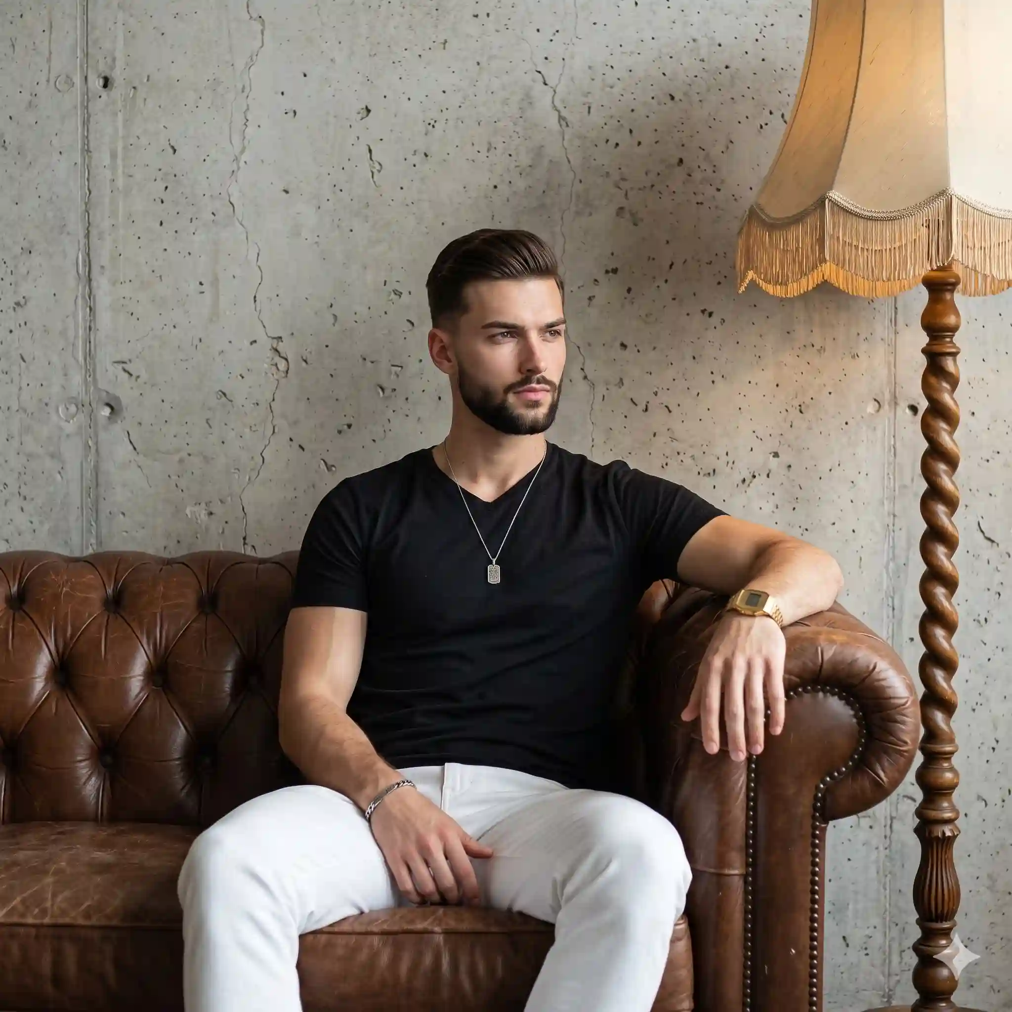 trend prompt: A young man with dark hair and a beard sits in the center of the frame, angled at a 45-degree turn and leaning slightly to his right with casually tilted shoulders. His expression is intentionally posed and serious, featuring relaxed eyebrows, a neutral mouth with no trace of a smile, and eyes thoughtfully looking away. He is dressed in a black v-neck t-shirt and white trousers, accessorized with a gold digital watch, a silver pendant necklace, and a silver bracelet. His left hand rests softly on his thigh in a naturally relaxed state, while his right hand is organically draped over the back of the furniture with a comfortably loose wrist. He is seated on a dominant, vintage brown button-tufted leather Chesterfield sofa that shows slight, authentic wear in the foreground. Situated in the midground to his right is a vintage floor lamp featuring a beige fringed shade and a distinctly carved spiral wood stand. The indoor setting utilizes a shallow spatial depth that meets a rough, matte raw concrete wall, highly detailed with patchy cool gray tones, horizontal lines, realistic pitting, and industrial cracks. The calm, relaxed indoor lifestyle atmosphere is illuminated by soft, moderately directional mixed front lighting with ambient fill from multiple sources, blending neutral light with a warm practical glow. A complementary color palette of cool grays, warm browns, deep blacks, and light beiges is balanced by medium-length, soft-edged gray shadows that pool naturally under the subject and across the textured leather, paired with subtle specular highlights gently catching on his face and the sofa's surface. Captured straight on as an organically styled, realistic digital photograph using a 50mm lens at f/2.8, the composition blends contemporary lifestyle aesthetics with industrial interior design, utilizing a medium depth of field and slightly soft overall sharpness with zero grain, finished with subtle contrast enhancements and meticulously preserved shadows, framed naturally in a 1:1 aspect ratio.