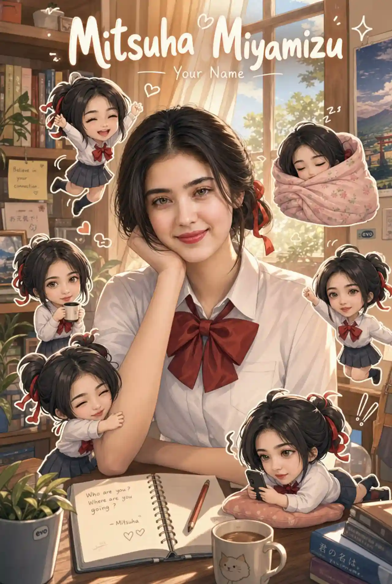 trend prompt: Create a high-quality vertical (9:16) anime-inspired poster based on [YOUR NAME] from [YOUR LAST NAME], capturing the soft, cozy, slice-of-life aesthetic of the series. The subject's face must remain 100% identical to the reference photo, preserving all facial features, identity, expression, and realism. Only the hairstyle, hair color, outfit, and accessories should be transformed to match [YOUR NAME]. The hairstyle, colors, clothing, textures, patterns, and signature details should faithfully resemble the original anime character while remaining natural and wearable. The background should recreate one of the iconic [YOUR LAST NAME] environments with warm pastel colors, cozy interiors, soft lighting, and a clean illustration aesthetic that faithfully matches the series' visual style. At the top of the poster, display the full name of [YOUR NAME] as the main title, with [YOUR LAST NAME] placed below it as the subtitle. Add a small hidden "evo" sticker somewhere naturally on a wall, notebook, mug, plant pot, or another random object. Surround the subject with multiple adorable mini 3D chibi versions of themselves. Every chibi must keep the exact same face and identity as the main subject while wearing the complete cosplay outfit of [YOUR NAME]. Each chibi should perform a different cute action, such as: - hugging the subject's arm, - cheering with raised hands, - lying down while using a phone, - drinking coffee or milk, - making a funny expression, - looking sleepy, - jumping happily, - wrapped in a blanket, - interacting affectionately with the subject. Decorate the composition with playful hand-drawn doodles including sparkles, hearts, motion lines, stars, sleepy icons, coffee steam, flowers, and cozy visual effects. The overall style should feature clean poster composition, soft pastel colors, glossy high-detail 3D chibi rendering, realistic lighting, white sticker outlines, premium illustration aesthetics, and a heartwarming slice-of-life atmosphere inspired by [YOUR LAST NAME].