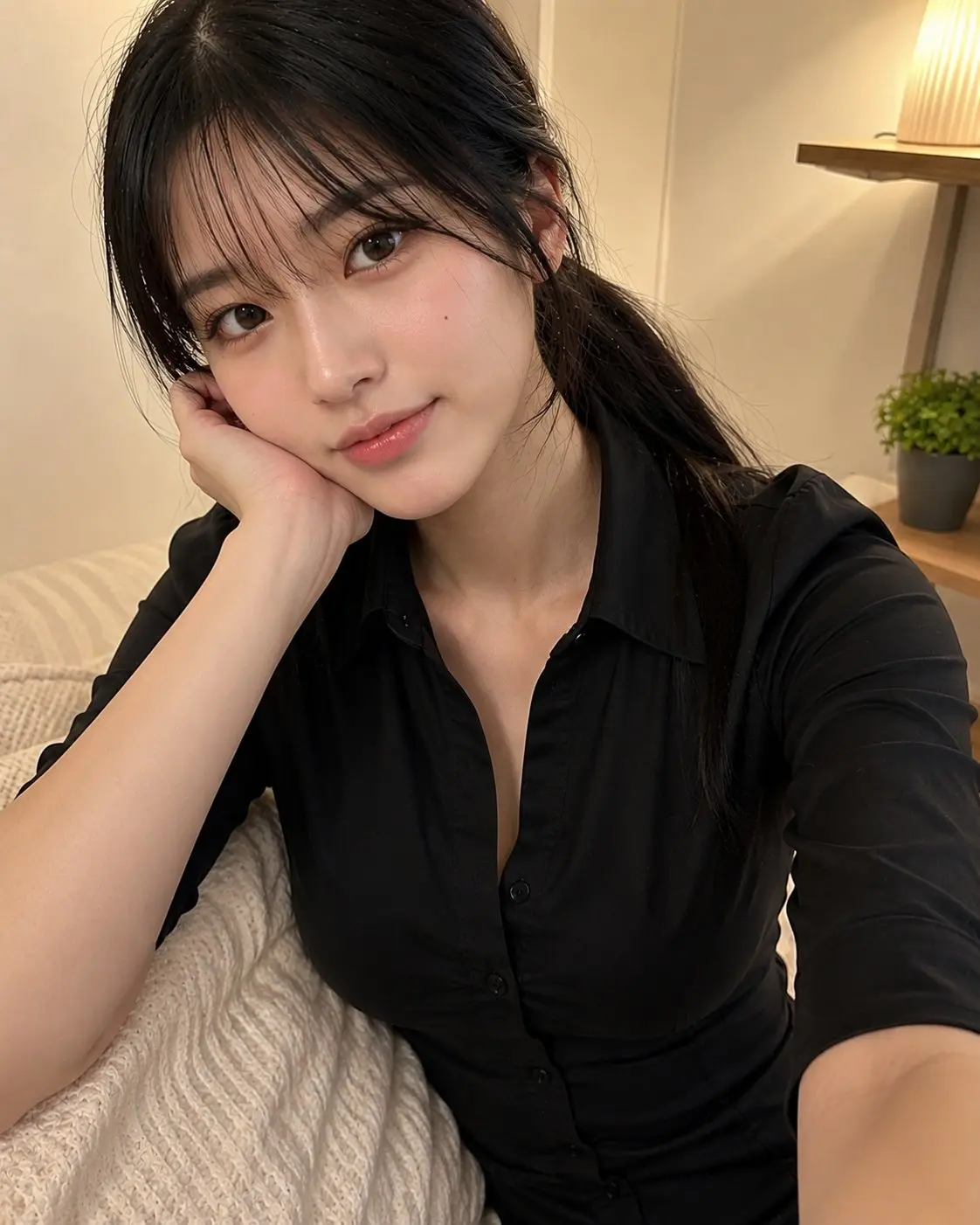 trend prompt: young Japanese girl with long black hair tied in a low ponytail, soft wispy bangs, fair skin, natural glossy lips, and subtle everyday makeup. Wearing a light blue short-sleeve school blouse with a gray plaid tie and matching plaid skirt, taking a casual selfie with one arm extended toward the phone camera. Head slightly tilted, relaxed expression, looking naturally into the lens. Cozy indoor room with warm ambient lighting and a simple neutral background. Captured as an authentic handheld smartphone selfie, natural phone-camera perspective, slight wide-angle distortion from the front camera, realistic skin texture, true-to-life colors, soft mobile HDR processing, unedited everyday snapshot, authentic iPhone camera quality, natural indoor lighting, candid social-media aesthetic, no professional posing, no studio lighting, no cinematic color grading, photorealistic, high-quality mobile photography.", "style": "Natural Smartphone Selfie", "aspect_ratio": "4:5", "camera": "Handheld smartphone front camera", "lighting": "Warm indoor ambient lighting", "quality": "Photorealistic, high detail, authentic mobile camera look", "mood": "Casual, natural, youthful, everyday", "negative_prompt": "DSLR look, studio lighting, cinematic grading, beauty filter, anime, cartoon, CGI, illustration, plastic skin, overprocessed HDR, unrealistic colors, heavy bokeh, watermark, logo, text, blur, low quality"