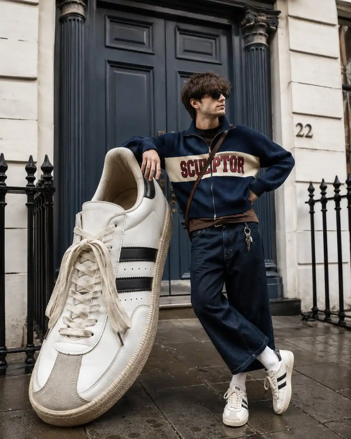 trend prompt: A premium high fashion street style editorial photograph featuring a stylish young man casually posing on a quiet European style residential street in front of a sophisticated townhouse entrance. The background consists of a large matte slate blue double wooden door with elegant classical molding and decorative fluted columns framing the entrance. Clean white stone walls, black wrought iron railings on both sides, and a subtle house number create a refined urban luxury atmosphere. The sidewalk appears slightly damp, adding natural texture and realism. The subject stands in a relaxed fashion pose beside an oversized giant sneaker sculpture, approximately waist high, creating a playful surreal perspective. He leans one elbow naturally on the giant shoe while placing his other hand on his waist. His legs are crossed casually at the ankles, with his body facing slightly toward the camera while his head turns to the side, creating an effortless editorial look. The oversized sneaker is a classic retro court sneaker with smooth white leather panels, bold black side stripes, cream suede toe cap, textured beige rubber outsole, loosely tied white laces, realistic stitching, and subtle signs of wear. The giant shoe dominates the foreground, creating dramatic depth and scale. The subject wears a cropped oversized navy knit zip sweater featuring a thick cream horizontal stripe across the chest with large burgundy collegiate lettering. Underneath is a muted brown fitted T shirt visible at the waist. He pairs it with extremely wide leg dark indigo cropped denim jeans ending above the ankles, white ribbed crew socks, and matching white retro sneakers with black side stripes. A thin brown leather crossbody bag runs diagonally across his chest. A silver keychain hangs from the belt loop, adding a casual streetwear detail. He has naturally messy wavy medium length brown hair, light stubble, and wears slim rectangular black sunglasses. His expression is calm, confident, and relaxed, looking away from the camera for an authentic candid editorial feel. The composition is photographed at approximately eye level with a slight wide angle perspective that emphasizes the oversized sneaker in the foreground while keeping the subject fully visible. Strong foreground to background depth creates a premium magazine quality composition. Lighting is soft natural overcast daylight with gentle shadows, realistic skin tones, balanced highlights, and subtle reflections on the leather sneaker. The colors are slightly muted with rich navy blues, warm cream tones, deep burgundy accents, and clean neutral whites for a timeless luxury fashion aesthetic. Ultra realistic, luxury fashion campaign, premium streetwear editorial, photorealistic, crisp fabric textures, realistic denim folds, detailed leather materials, natural skin texture, cinematic depth of field, high dynamic range, ultra sharp focus, magazine quality styling, subtle color grading, 8K resolution, extremely detailed, professional fashion photography. Aspect Ratio: 4:5 (Portrait)