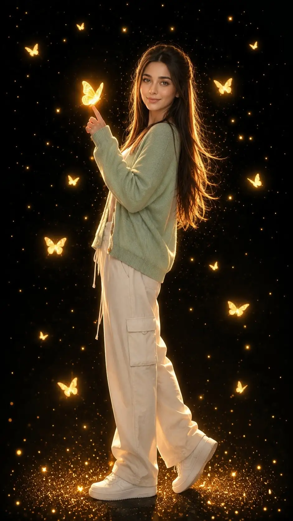 trend prompt: Transform me into a dreamy ultra-detailed anime-inspired cinematic portrait. Full-body side pose, looking back over the shoulder with a soft smile while gently touching a glowing golden butterfly on my fingertip. Long flowing hair illuminated by warm golden rim light. Surrounded by dozens of floating luminous butterflies and sparkling golden particles. Deep black background with magical glowing ambiance. Wear an oversized pastel sage-green knitted cardigan over a light cream outfit with loose cargo pants and clean white sneakers. Soft volumetric lighting, warm amber glow, ethereal atmosphere, ultra-realistic anime rendering, crisp details, glossy eyes, beautiful bokeh, premium digital illustration, masterpiece, 8K, vertical 9:16 composition. Negative prompt low quality, blurry, extra fingers, extra arms, deformed face, bad anatomy, cropped, duplicate body, watermark, text, logo, noise, oversaturated, distorted eyes, low resolution Face wahi ho your reference image mein hia Cloth pure hone chahie
