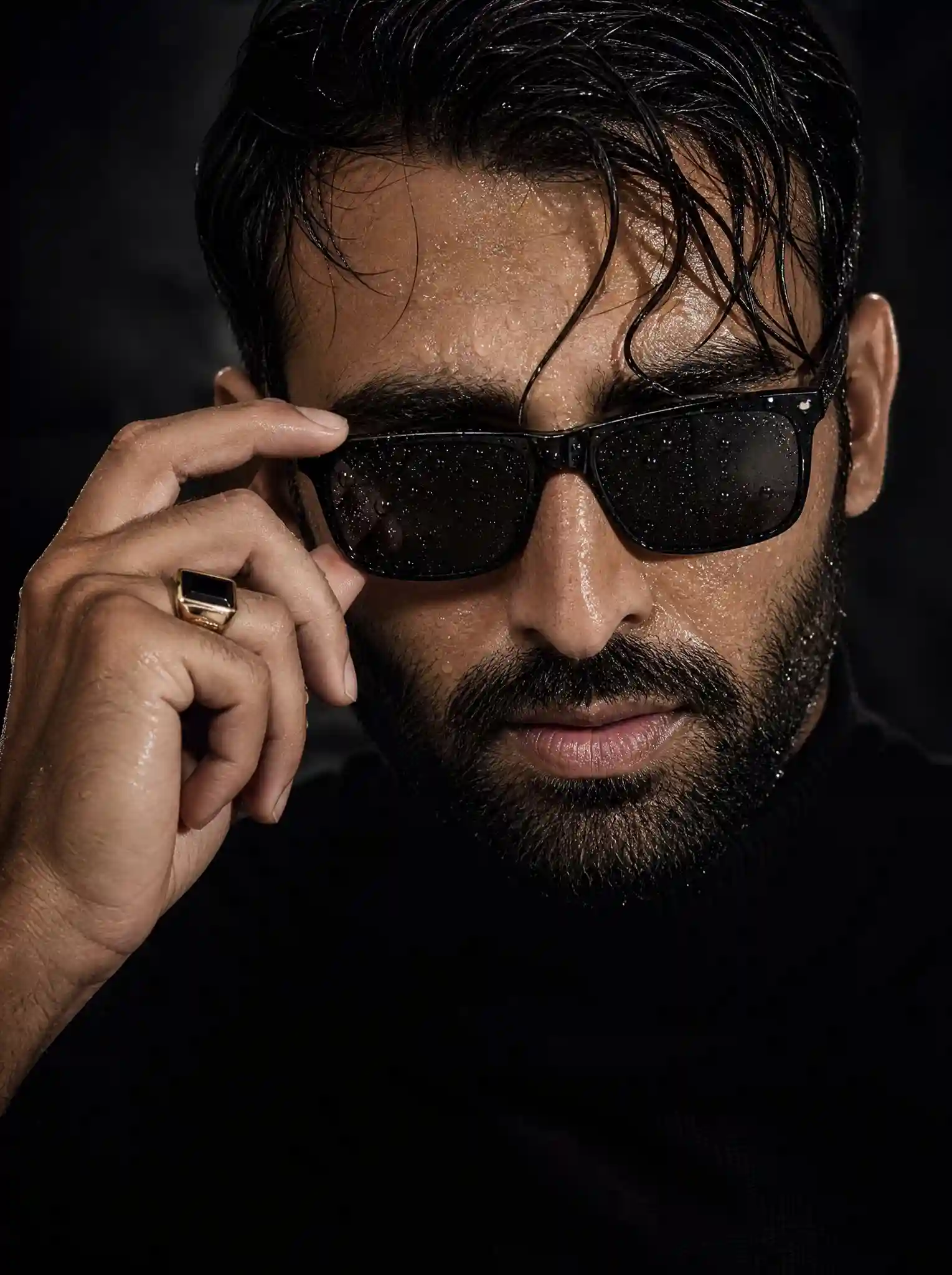 trend prompt: Use the first image as the strict reference for the subject's face and identity. Accurately preserve the male facial structure, proportions, jawline, skin tone, hairstyle, facial hair (if present), and overall appearance with no stylization, beautification, or deformation. Create an ultra-realistic cinematic close-up portrait of a confident young man. His skin is wet with realistic water droplets, and his slightly messy wet hair naturally falls across his forehead. He is wearing premium black rectangular sunglasses, with one hand gently adjusting the frame. Water droplets are visible on both the lenses and the sunglasses frame. Dress him in a fitted black turtleneck sweater that blends seamlessly into a dark minimalist background. Use dramatic low-key lighting with deep shadows and strong directional highlights to emphasize masculine facial contours, defined cheekbones, jawline, wet skin, visible pores, beard texture (if applicable), and fine natural skin details. Pay special attention to the hand details: realistically render the knuckles, masculine fingers, subtle veins, tendons, natural skin folds, and fingernails. Add a premium black-and-gold stone ring for a luxurious editorial appearance. Capture the image using an 85mm lens at f/1.4 aperture, creating a shallow depth of field with razor-sharp focus on the face and microscopic skin detail while maintaining a beautifully blurred background. The final result should resemble a high-end luxury fashion magazine editorial combined with cinematic photorealism, featuring dramatic contrast, rich textures, premium styling, an intense masculine presence, and completely natural skin without smoothing, AI beauty filters, or excessive retouching. 8K ultra-high resolution, IMAX-quality, HDR, hyper-realistic, masterpiece.