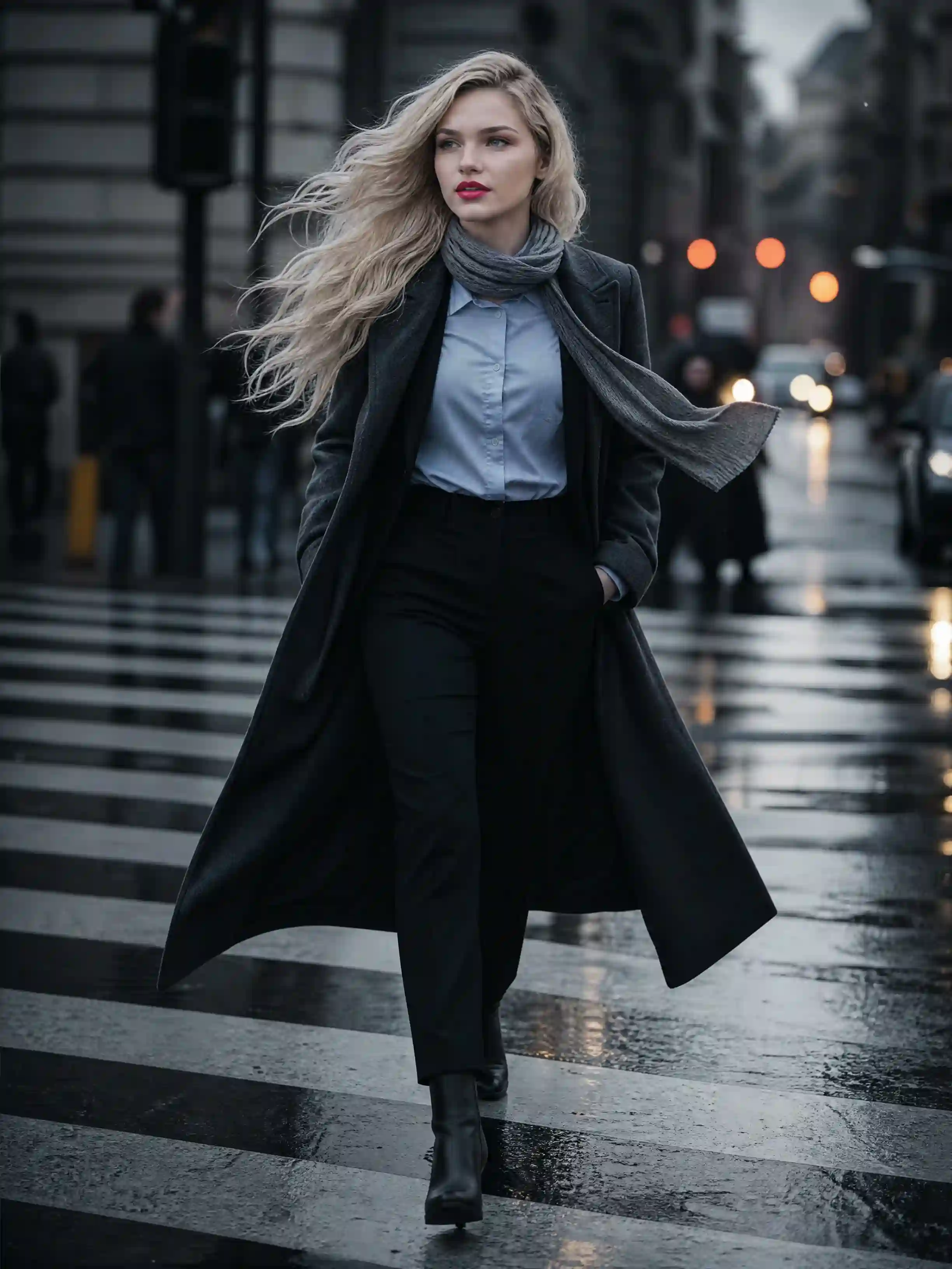 trend prompt: Create a 4K cinematic street-fashion photograph of the same woman from the reference image, maintaining strict facial identity consistency. She is walking directly toward the camera across a zebra crossing at a city intersection after rain. Vertical composition, 4:5 aspect ratio. The subject is captured from the front at street level, matching the reference image perspective. Her body is fully front-facing toward the viewer, walking straight ahead along the crosswalk. She is mid-stride, naturally transitioning weight between steps. Her gaze is directed slightly off-camera to her right, not engaging the lens. Her expression is neutral, calm, serious, and composed. Her natural length wavy hair is blown sideways by wind, flowing behind her head and along the side, while her face remains completely visible with no hair covering her features. The motion feels natural and candid. Wardrobe: She wears a long charcoal-grey wool trench coat, unbuttoned and flowing behind her. Underneath is a light blue tailored button-down shirt tucked into black tailored trousers. A soft grey scarf is loosely wrapped around her neck, one end hanging down the front while the other trails in the wind. Black leather ankle boots step firmly onto the wet pavement. Environment: The asphalt is dark and rain-soaked, reflecting the white zebra crossing lines and dim city lights. Buildings form a muted urban canyon in the background. Pedestrians appear softly blurred. Traffic lights and headlights create warm orange bokeh highlights. Lighting: Overcast, low-key lighting with slightly darker midtones, soft shadows, and controlled highlights. Exposure is intentionally slightly under-bright to enhance cinematic atmosphere. Color grading: Cool, muted, slightly desaturated tones dominated by charcoal, slate grey, black, and soft blue hues. Focus & Motion: Shallow depth of field isolates the subject sharply from the background. Motion is frozen mid-stride, with coat, scarf, and hair suspended naturally. Technical details: 85mm portrait lens f/2.0 1/1000 shutter speed ISO 320 HDR rendering Cinematic low-key color grading Realistic fabric texture Photorealistic skin detail Ultra-detailed 4K resolution