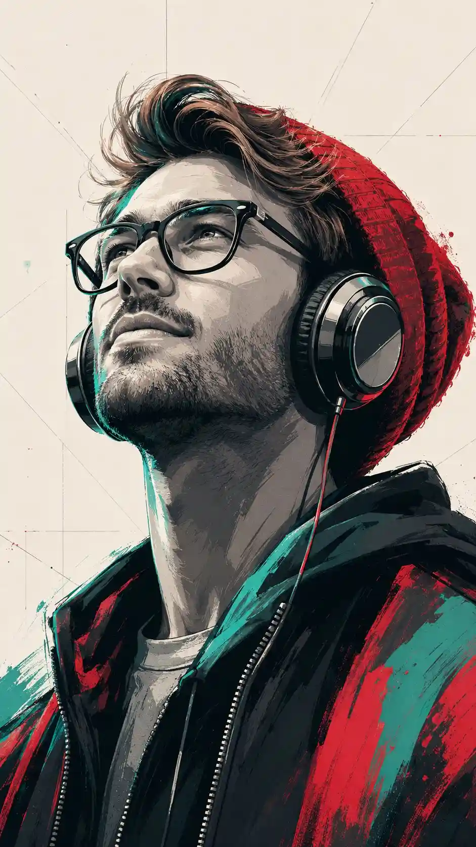 trend prompt: Subject & Composition: A stylized, low-angle portrait of a young man looking upward with a serene expression. He is wearing large over-ear headphones and a textured red beanie. The composition is a close-up, focusing on he profile and neck, shot with a cinematic perspective. Artistic Style: A blend of modern pop art and digital vector illustration. The image uses bold, high-contrast shadows and clean linework.The shading is rendered in a "cel-shaded" or posterized style with distinct color blocks rather than smooth gradients. Color Palette: A striking limited color scheme featuring deep blacks, muted greys, vibrant red, and a specific teal/mint green accent. The background is a flat, neutral off-white with subtle, thin geometric sketch lines. Details & Texture: The woman’s jacket and beanie feature expressive, painterly strokes of red and teal.The headphones have a glossy, metallic finish with realistic reflections. Her skin is rendered in shades of grey and teal highlights to emphasize the dramatic lighting coming from above. Atmosphere: Urban, artistic, and melancholic, reminiscent of high-end graphic novel cover art or a modern street-art mural. Aspect ratio is 9:16