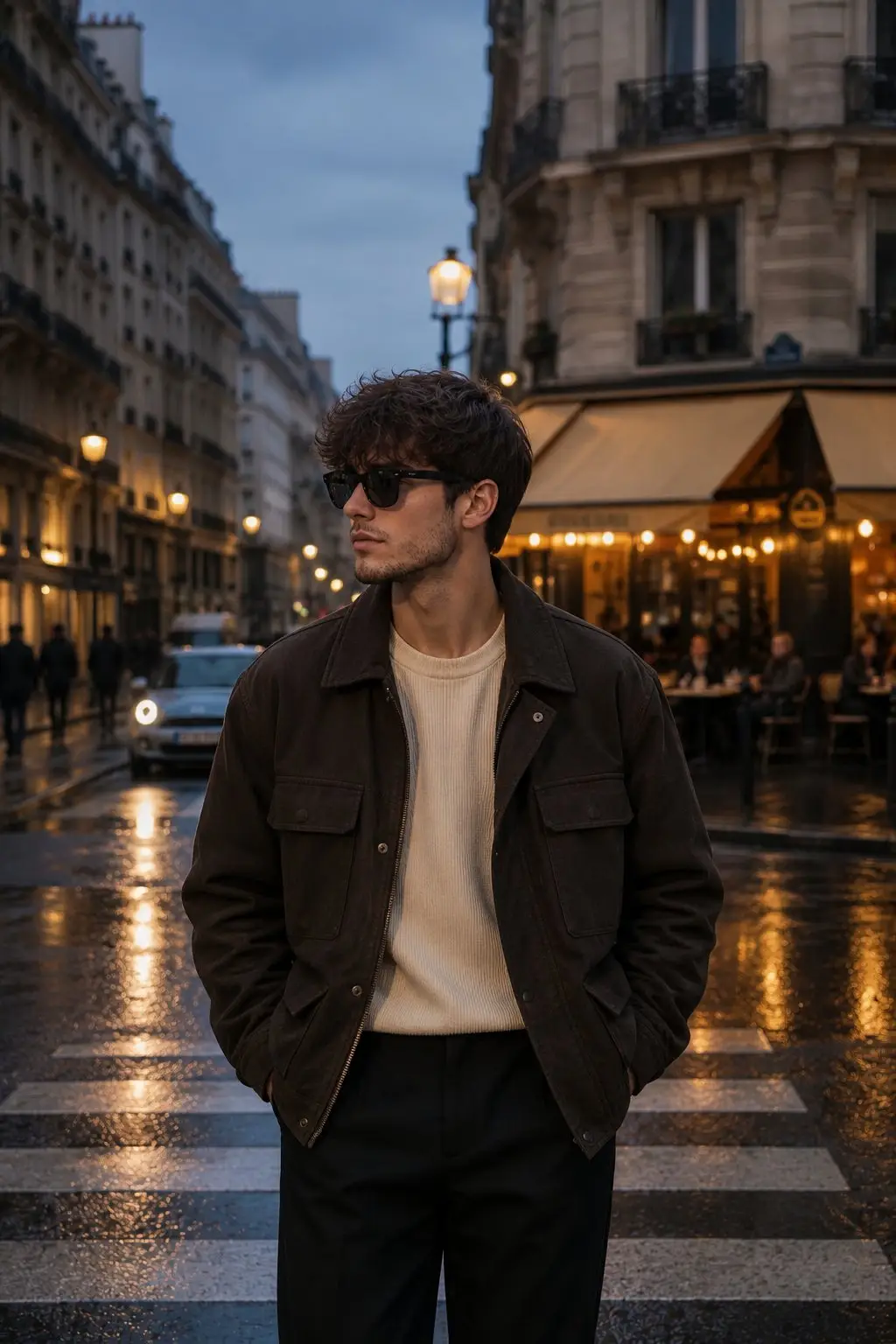 trend prompt: Create a luxury travel fashion editorial portrait of a young man standing on a rainy Parisian street during blue hour. The atmosphere feels cinematic, romantic, and effortlessly sophisticated, inspired by Saint Laurent campaigns and European street photography. The subject stands confidently at the center of a pedestrian crossing with both hands tucked into his jacket pockets. His body faces the camera while his head turns to the left, looking away with a relaxed, contemplative expression. He has curly, tousled dark brown hair and wears black rectangular sunglasses. His outfit consists of a dark brown oversized field jacket layered over a cream knit sweater with black tailored trousers, creating a timeless European autumn style. The background features elegant Haussmann architecture lining both sides of the street. A classic Parisian café glows warmly with amber lights, while wet pavement reflects the surrounding lamps. Vintage streetlights illuminate the sidewalks, pedestrians walk softly blurred in the distance, and a compact car with headlights on approaches from behind, adding realism without distracting from the subject. Lighting combines cool overcast evening light with warm café lighting, producing rich cinematic color contrast. Captured with an 85mm lens at eye level, shallow depth of field, realistic rain reflections, soft bokeh, Kodak Vision3 film look, ultra detailed textures, luxury editorial photography, natural color grading, premium travel magazine aesthetic, 8K. Negative Prompt: Bright sunshine, crowded scene, exaggerated reflections, cartoon style, watermark, text, low quality, AI artifacts, distorted body, extra people in focus.