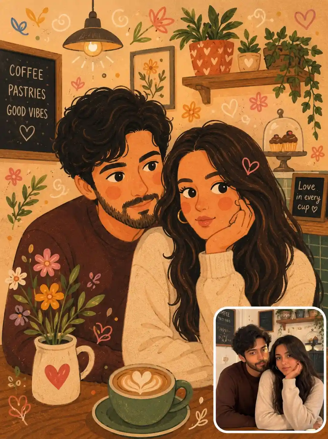trend prompt: Create a charming folk doodle poster illustration inspired by cozy storybook art, featuring a completely different young couple (not matching the reference). The couple is sitting together inside a warm vintage café, smiling naturally with soft expressive faces, rosy cheeks, oversized eyes, and gentle romantic body language. The girl has long wavy dark hair, gold hoop earrings, and wears a cream knit sweater, while the boy has thick curly hair, a light beard, and wears a brown sweater. Surround them with whimsical hand-drawn doodles including flowers, hearts, birds, leaves, swirls, stars, vines, potted plants, wall art, hanging lamps, coffee cups, and cozy café decorations. Use warm earthy colors, textured brush strokes, subtle paper grain, and a handcrafted folk-art aesthetic with a playful illustrated feel. Do not include any social media interface, icons, buttons, counters, usernames, or watermarks. In the bottom-right corner, place a small rounded-rectangle inset containing the original real-life reference photo used to generate the illustration, with a clean white border, making it look like a before-and-after comparison. Keep the composition portrait (4:5), highly detailed, cozy, vibrant, and suitable as a printable poster.
