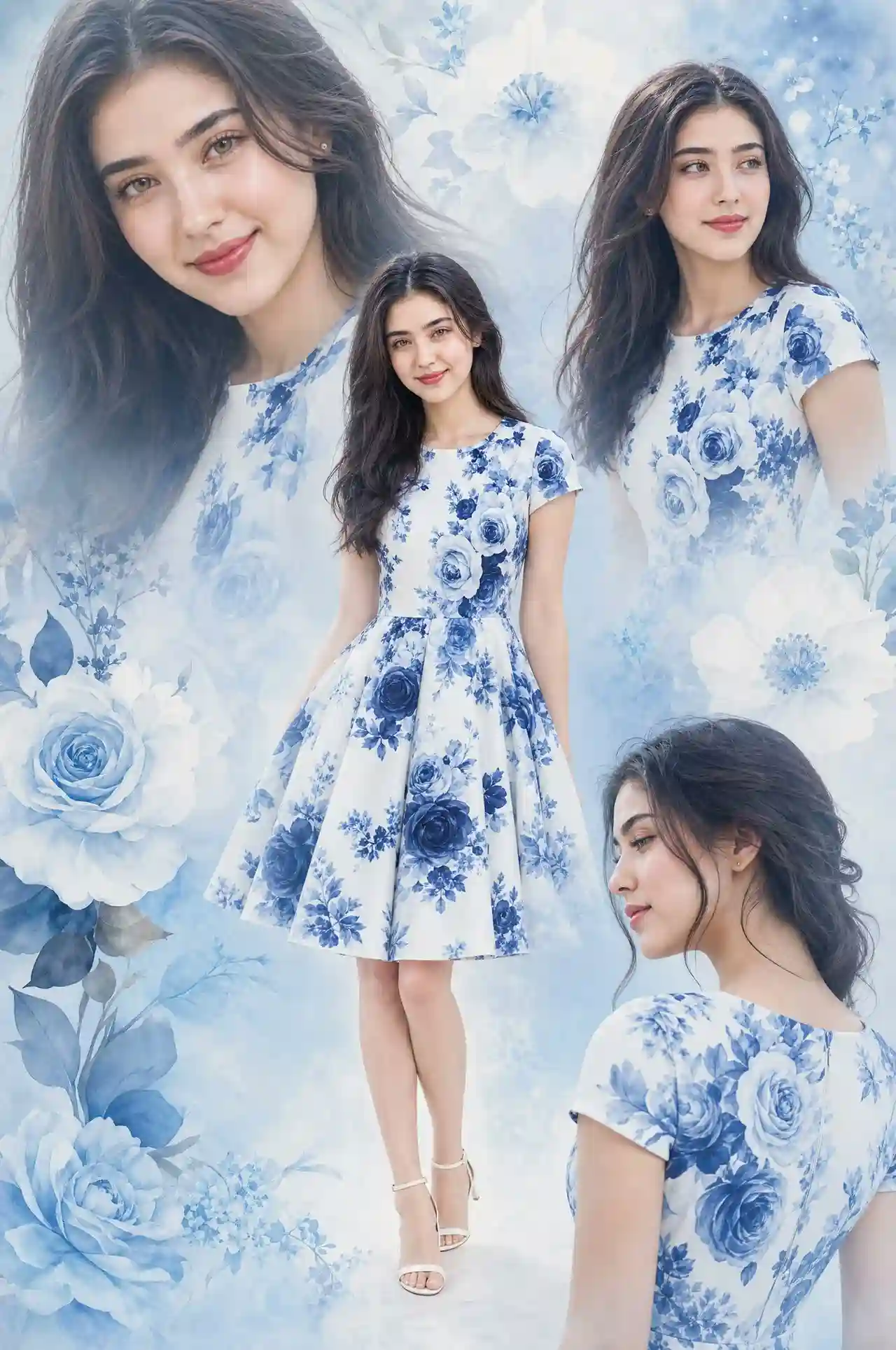 trend prompt: A beautiful multi-layered photo collage featuring an ORIGINAL AI-GENERATED ADULT BEAUTIFUL YOUNG WOMAN. THIS IS NOT A REAL PERSON. Outfit: EXACT BLUE AND WHITE FLORAL PRINT FIT & FLARE DRESS with LARGE NAVY BLUE ROSES, LIGHT BLUE ROSES, WHITE ROSES AND BLUE FLOWERS ON WHITE BASE. SHORT SLEEVES, ROUND NECKLINE, FLARE SKIRT. Same dress as reference. Layout: 1. Central FULL-LENGTH SHOT of her wearing the blue floral dress, standing gracefully. 2. Top-left: Large ETHEREAL CLOSE-UP of her SMILING softly. 3. Top-right: Portrait of her LOOKING AWAY GRACEFULLY. 4. Bottom-right: ARTISTIC SIDE PROFILE shot. Background: Soft watercolor BLUE AND WHITE FLORAL PATTERNS to match her dress, light BLUE gradient mist, dreamy aesthetic. Decorative floral elements, no harsh edges. Aesthetic: Soft, dreamlike, artistic, ethereal, feminine. Light BLUE gradient mist at the background. High resolution, magazine collage style.