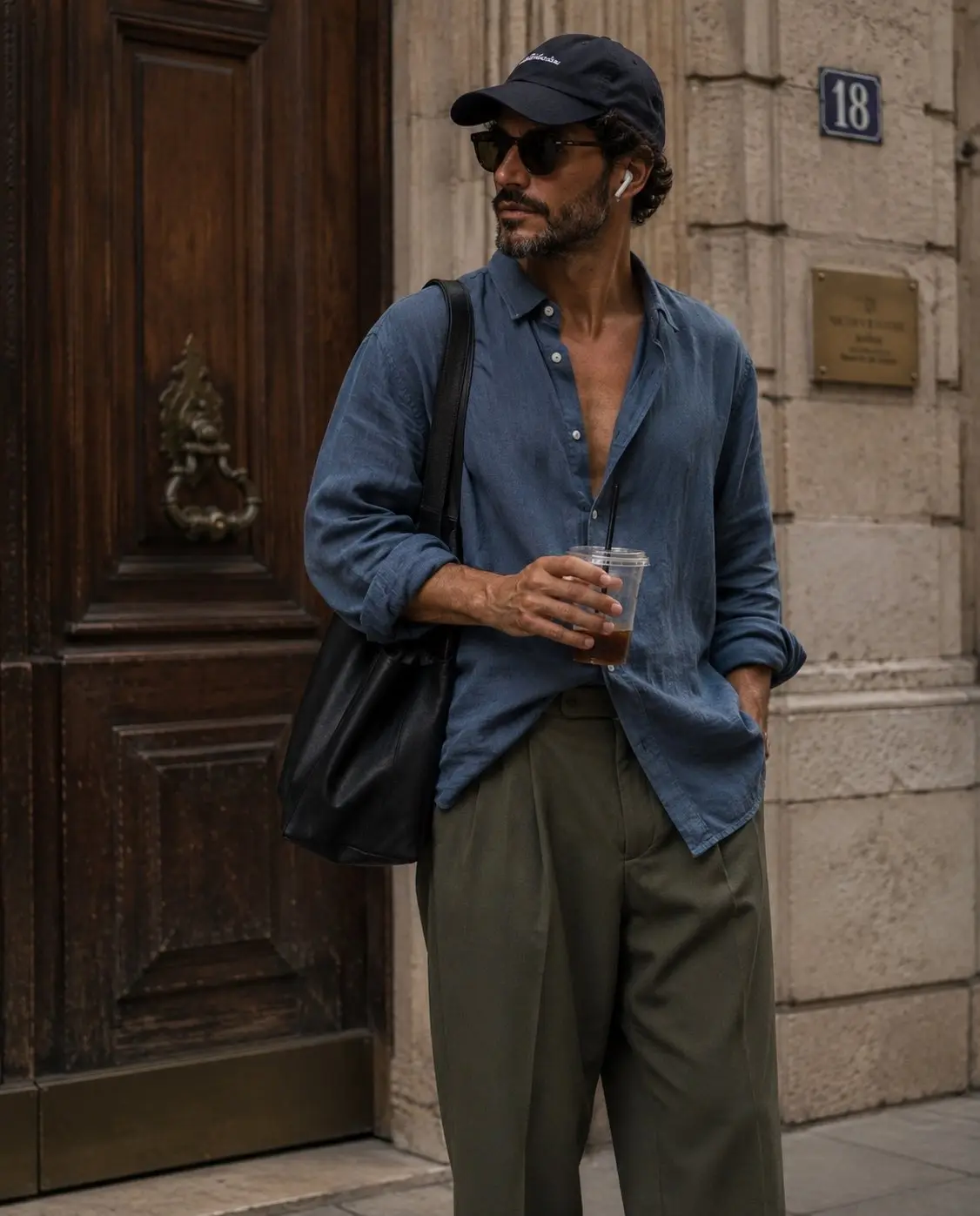 trend prompt: candid street-style fashion photograph of a stylish young man standing casually outside a vintage European building with an ornate dark wooden door and stone walls. He is wearing an oversized faded blue button-up linen shirt with the top buttons open, loose olive green cargo pants, a dark baseball cap, black sunglasses, white wireless earbuds, and carrying a large black shoulder tote bag. One hand holds a clear iced drink with a black straw while looking sideways, creating a natural, unposed moment. Soft golden-hour lighting, muted earthy tones, relaxed effortless aesthetic, editorial fashion photography, shallow depth of field, realistic skin texture, high detail, cinematic composition, 35mm lens, slightly grainy film look, luxury streetwear vibe, minimalist color palette, Instagram fashion editorial, ultra-realistic, 8K.