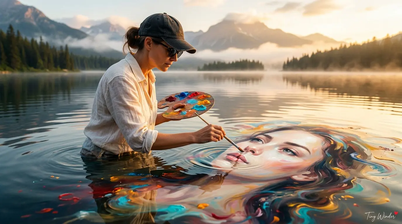 trend prompt: Ultra-realistic IMAX-level Netflix-style cinematic surreal fine-art fantasy portrait,16:9 composition, create a breathtaking golden-hour mountain lake scene where a skilled female painter stands waist-deep in calm reflective water, wearing a weathered black cap, dark sunglasses and a softly wrinkled off-white linen shirt with rolled-up sleeves, holding a wooden paint palette filled with vivid colors in one hand while painting with a brush in the other, her face showing deep creative focus, calm intensity and quiet artistic devotion, the most important detail is that the beautiful young woman in the lake must not look like a real person lying under or inside the water, instead her image must look like a large painted portrait created directly on the water surface, like liquid oil paint and artistic pigment floating across the lake as if the water itself has become a living canvas, the painted face appearing as a dreamy artwork with visible painterly brushstroke texture, soft blended pigment edges, fluid color smears, subtle canvas-like artistry and reflective water distortion, while still keeping her facial beauty clear and elegant, her luminous fair porcelain milky-white skin rendered as a painted effect with ultra-smooth clean texture, soft blush tones and graceful artistic highlights, her expressive eyes softly open with a calm emotional gaze, glossy lips relaxed, and her dark hair dissolving into flowing paint swirls and colored reflections rather than realistic wet hair, fix the direction clearly so the woman’s painted face is placed diagonally and horizontally across the lower water area with her forehead and eye area closest to the artist's brush, while her chin and lips extend away from the female painter, making it look visually correct as if she is painting the upper part of the portrait's face on the lake surface, the brush tip should be touching the painted forehead/eye region with realistic circular ripples spreading outward, colorful pigments blooming around the portrait in rich red, blue, orange, yellow, turquoise and white tones, the entire face on the water should feel like a magical water-painting masterpiece, not a submerged human, background featuring misty alpine mountains, pine forest silhouettes, soft golden sunrise sky, glowing sunlight reflecting across the lake, light atmospheric fog, distant birds and dreamy morning haze, cinematic light falling beautifully across the female painter’s face, sleeves, hands, palette and the painted water portrait, creating magical highlights, smooth shadows and rich artistic contrast, ultra-rich color grading with warm amber sunlight, cool reflective lake tones, creamy porcelain painted highlights, vivid floating pigments and cinematic golden mist, captured with a premium cinematic wide portrait lens, HDR lighting, global illumination, photorealistic rendering with a surreal painterly illusion, masterpiece quality, ultra-detailed textures, 8K production detail.Negative Prompt (real submerged woman, realistic body in water, underwater face look, wrong face direction, distorted portrait, extra hands, blurry eyes, dull skin, uneven skin tone, weak paint effect, flat lighting, messy reflection, cartoon, anime, CGI look, text, watermark, logo, low quality. Final touch:Add a tiny elegant watermark at the bottom-right corner:“Tiny Winder”written in connected handwritten English script,with a small red heart. next to the text.Keep the watermark subtle and premium.