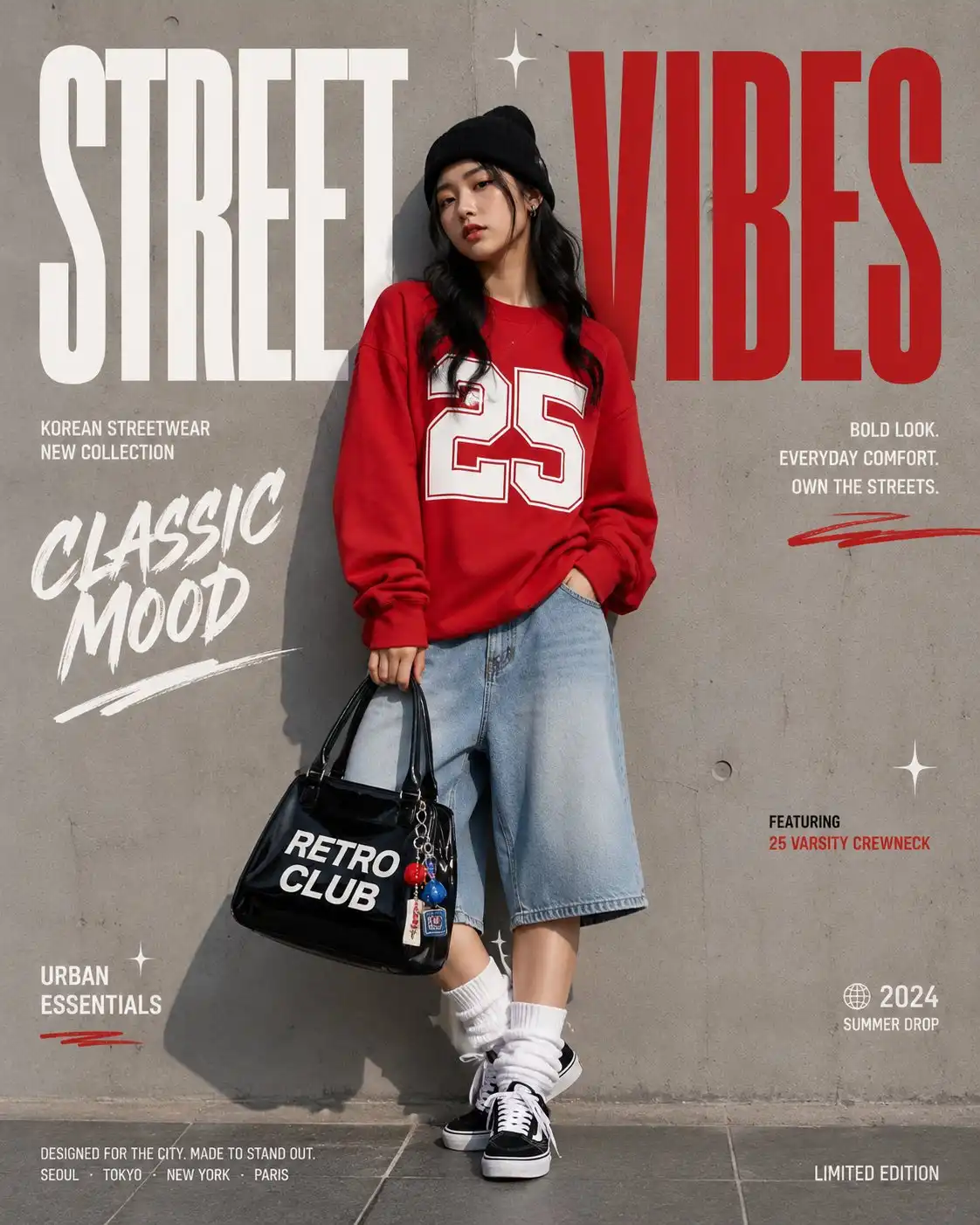 trend prompt: Create a premium Korean streetwear fashion campaign in a clean minimalist editorial style. A stylish young Asian woman stands confidently in front of a smooth light gray concrete wall with a modern urban aesthetic. She wears a black knitted beanie, an oversized bright red crewneck sweatshirt featuring a large white varsity style "25" graphic on the front, oversized light wash denim jorts that fall below the knees, white scrunched crew socks, and classic black and white skate sneakers. She carries a glossy black handbag with bold white typography and colorful keychain accessories. Her long black wavy hair falls naturally beneath the beanie. One hand rests inside her shorts pocket while the other holds the handbag. She looks directly at the camera with a calm, confident expression. Large bold editorial typography dominates the upper background using oversized white and red condensed sans serif lettering with a layered magazine inspired composition. Additional handwritten brush script typography sits beneath the headline for a dynamic fashion magazine aesthetic. Minimal decorative elements include small sparkle icons, subtle branding marks, modern editorial spacing, and clean typography placed at the bottom with a fashion collection title. The background remains uncluttered to emphasize the model and oversized text. Soft natural daylight, realistic shadows, luxury Korean fashion campaign, clean composition, modern streetwear editorial photography, ultra detailed fabric texture, realistic skin tones, premium commercial advertising, photorealistic, 8K resolution, magazine cover quality.
