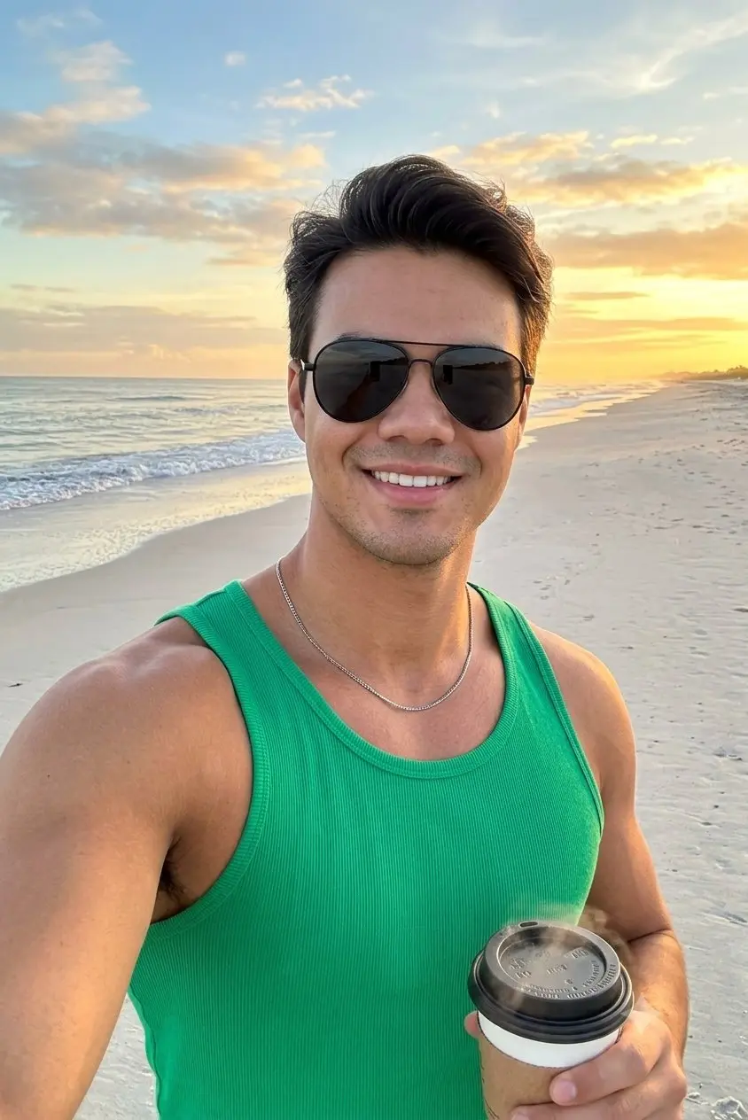 trend prompt: A realistic selfie of a fit, smiling stylish young man with short, stylish black hair. He is wearing black aviator sunglasses, a thin silver chain necklace, and a vibrant green ribbed tank top. He's a holding a coffee cup with smoke. The setting is a wide, sandy beach at sunrise. In the background, the calm ocean meets a sky filled with soft orange, yellow, and blue clouds. The lighting is warm and natural, casting soft highlights on his shoulders and face. Shot on a iPhone 17 pro max camera angle, sharp focus, high detail.