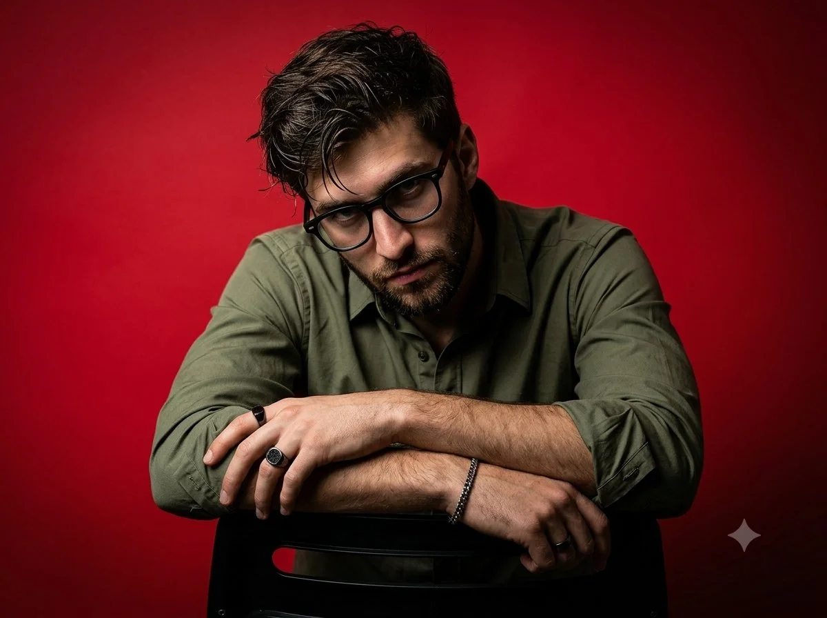 trend prompt: A dramatic, high-contrast studio portrait of a man with dark messy hair and a well groomed beard, wearing black rectangular glasses and a dark olive-green collared shirt. He is leaning forward over the curved backrest of a black chair, gazing intently down towards the lens. The entire setting features a striking, solid vibrant crimson-red background wall that transitions into deep shadows toward the lower right, establishing a highly atmospheric and moody character aesthetic. He Is leaning forward with his head tilted down and slightly to the left, resting both forearms on the horizontal backrest of a chair. His gaze is directed downwards towards the camera with a serious, intense expression. He is wearing a smooth woven olive-green collared shirt, fully buttoned up with visible collar points and a center placket. The sleeves are rolled up neatly to his mid-forearms, creating fabric folds near his elbows. A chunky, dark signet-style ring is visible on the index finger of his left hand, along with a dark ring on his right hand. A metallic chain bracelet consisting of small interlocking links is wrapped around his left wrist. An eye-level, medium close-up shot that captures the subject from the waist up, focusing heavily on his facial expression, hair texture, and upper torso. Strong, directional artificial studio lighting coming from the top-left. This illuminates the left side of his forehead, nose bridge, cheek, and the wet sheen of his hair, while casting deep, heavy shadows across the right side of his face and shading the lower half of his body into near-total darkness. A bold, high-contrast color scheme dominated by the vivid red background, the dark olive green of the shirt, and the solid black tones of the hair, glasses, and chair. The background shows a soft vignette effect, appearing brighter on the upper-left and deepening into dark red behind the subject's left shoulder.