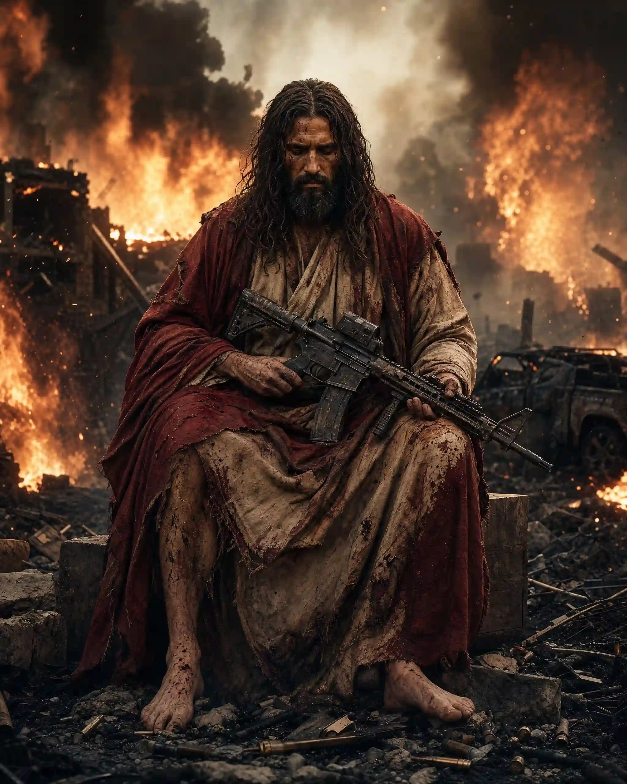 trend prompt: A hyper-realistic cinematic portrait of a battle-worn ancient prophet seated calmly upon burning battlefield ruins, surrounded by towering flames, thick black smoke, glowing embers, and drifting ash. He has long dark wavy hair, a full rugged beard, weathered olive skin, and a solemn, unwavering expression. His head is slightly lowered, eyes filled with quiet determination and sorrow, illuminated by the inferno around him. He wears an ancient crimson-red robe over a worn beige tunic, both heavily stained with ash, soot, dirt, dried blood, burn marks, torn fabric, realistic folds, weathered textures, and centuries of wear. His bare feet rest naturally on broken rubble, cracked stone, spent shell casings, twisted metal debris, and burning wreckage. Across his lap rests an ultra-detailed modern military assault rifle with realistic steel construction, tactical optics, holographic sight, rail attachments, foregrip, magazine, worn Cerakote finish, carbon residue, scratches, chipped paint, engraved serial markings, metallic reflections, and battle damage. His hands gently cradle the rifle without aiming, symbolizing solemn resolve rather than aggression. The environment is an apocalyptic battlefield engulfed in towering flames, dense smoke columns, flying embers, glowing sparks, molten debris, collapsing ruins, burning vehicles in the far background, floating ash particles, atmospheric dust, cinematic heat distortion, and volumetric fire effects. Lighting is dramatic and cinematic, with intense orange firelight illuminating one side of the face, subtle cool ambient shadows balancing the opposite side, volumetric god rays piercing through smoke, realistic global illumination, physically accurate reflections, HDR dynamic range, ray-traced lighting, cinematic contrast, and deep shadow separation. The composition centers the ancient prophet in a commanding seated pose, framed symmetrically, with the rifle diagonally crossing the frame. The camera angle is slightly low, emphasizing dignity and presence while maintaining emotional intimacy. Background remains softly blurred through shallow depth of field, focusing attention entirely on the subject. Ultra-photorealistic skin textures with visible pores, subtle wrinkles, dirt accumulation, sweat, soot, natural facial hair strands, realistic cloth fibers, physically accurate metallic materials, cinematic smoke simulation, volumetric fog, atmospheric perspective, microscopic surface detail, film-grade color science, blockbuster movie realism. Masterpiece, award-winning cinematic photography, Unreal Engine 5 quality, Octane Render, Redshift Render, path tracing, global illumination, ray tracing, physically based rendering (PBR), ultra HDR, IMAX quality, Hollywood concept art, 16K resolution, hyperrealistic, ultra detailed, razor-sharp focus, museum-quality digital artwork.