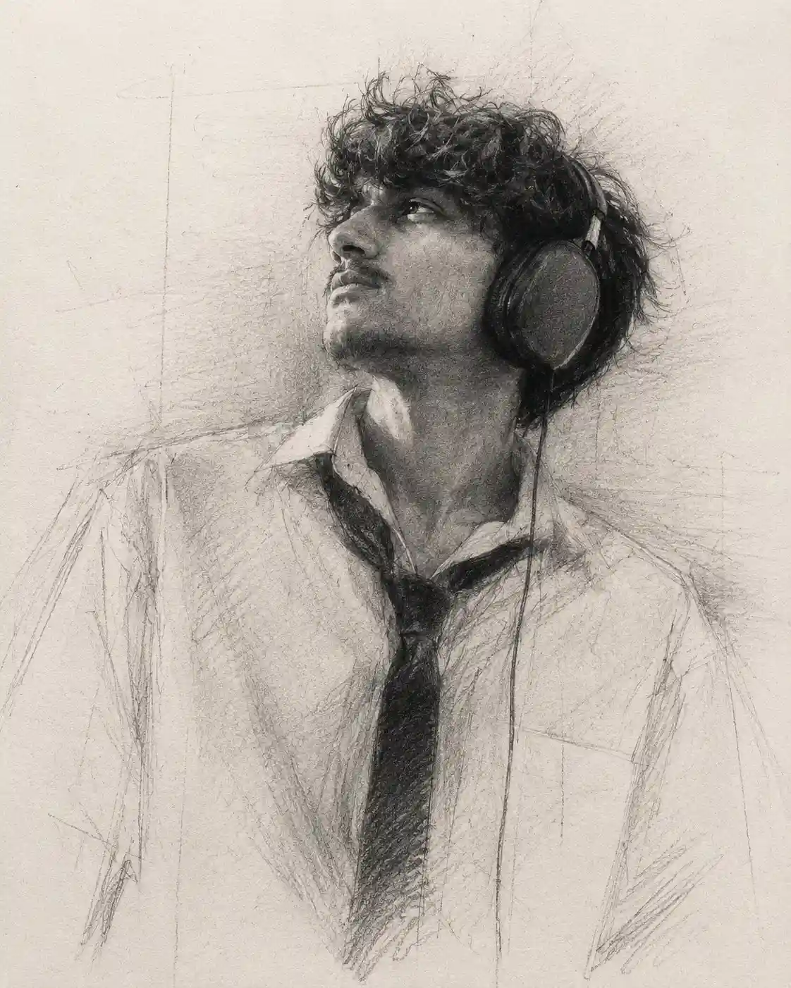trend prompt: A highly expressive graphite pencil portrait on textured fine art drawing paper, 4:5 aspect ratio. Create the drawing with approximately 85-90% completion, intentionally leaving unfinished passages, open contours, construction lines, and visible artistic decisions. The portrait should feel like a museum-quality graphite study rather than a fully rendered illustration. Use extremely rich, deep graphite blacks with dramatic tonal contrast. Build powerful black focal points using heavy 8B-14B graphite, creating bold shadow masses that immediately attract the viewer's eye. The darkest values should feel dense, velvety, and tactile without appearing digitally crushed. Instead of rendering every detail equally, selectively emphasize only the most expressive features of the face - especially the eyes, eyebrows, nose bridge, beard texture, hairline, and facial structure. Allow these key areas to receive the highest level of detail and contrast. The remaining areas should gradually dissolve into loose graphite marks, incomplete shading, broken contours, and unfinished forms, with less than 80% rendering. Large areas of the portrait should intentionally remain suggested rather than fully described, allowing negative space and the viewer's imagination to complete the image. Use confident, energetic pencil strokes with natural variation in pressure. Build form through layered graphite, cross-hatching, feathered shading, irregular line work, and spontaneous sketch gestures. Visible graphite powder should softly spread across the paper, producing subtle atmospheric transitions without becoming overly blended. Include realistic graphite grain, charcoal-like dust, accidental smudges, erased highlights, paper fibers, dirty whites, and authentic hand-drawn imperfections. Hair should be rendered with expressive overlapping strokes that alternate between razor-sharp strands and loose graphite masses. Facial hair should appear organic, rough, and richly textured using layered broken graphite marks instead of smooth rendering. Maintain a dramatic high-contrast lighting setup. Define the portrait primarily through tonal masses rather than outlines. Deep blacks should anchor the composition while soft midtones gradually disappear into unfinished paper texture. The overall tonal mood should resemble a traditional academic graphite master drawing using cool neutral graphite tones with rich charcoal blacks and warm paper highlights. Avoid flat gray rendering. Preserve strong black accents and crisp value separation throughout the composition. Traditional graphite drawing, museum-quality pencil art, expressive realism, selective rendering, dramatic chiaroscuro, powerful black focal points, authentic graphite texture, tactile paper surface, unfinished artistic process, handmade appearance, fine art sketchbook aesthetic, high contrast, deep graphite blacks, visible graphite dust. digital painting, vector art, clean illustration, CGI, photobash, watercolor, oil painting, acrylic, ink drawing, marker rendering, smooth gradients, soft airbrush, glossy surface, plastic skin, hyperrealistic digital finish, perfect symmetry, polished edges, oversharpened details, fully rendered portrait, equal detail everywhere, flat gray tones, low contrast, colorful, anime, cartoon, heavy blur, artificial texture, digital brush patterns, excessive blending, photographic realism.