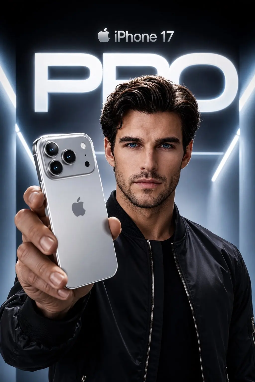 trend prompt: Create an ultra-premium Apple-style product campaign using the uploaded image as the exact facial reference. Preserve my identity with maximum accuracy, including my face shape, hairstyle, beard, eyebrows, skin tone, eye proportions, lips, jawline, and every unique facial feature. Do not alter my age or recognizable appearance. I am wearing a sleek black premium bomber jacket with a minimal futuristic aesthetic. I am confidently holding a Silver iPhone 17 Pro toward the camera in a dramatic low-angle perspective, with the phone dominating the foreground while my face remains perfectly sharp and cinematic. The iPhone features a luxurious brushed titanium silver finish with polished edges, realistic reflections, premium camera lenses, and authentic Apple design language. The background is a futuristic Apple keynote-inspired environment with glowing white and cool blue volumetric lighting, clean architectural lines, and a massive illuminated "PRO" typography behind me. At the top, place a subtle Apple logo with "iPhone 17" in Apple's minimalist style. Use high-end commercial lighting, realistic skin texture, natural hand proportions, sharp focus, premium depth of field, soft rim lighting, and flawless reflections on the phone. The composition should feel like an official Apple flagship advertisement, ultra-realistic, hyper-detailed, 8K, HDR, IMAX quality, magazine cover worthy, with a cool silver and blue color palette, luxury aesthetic, and perfect cinematic color grading.