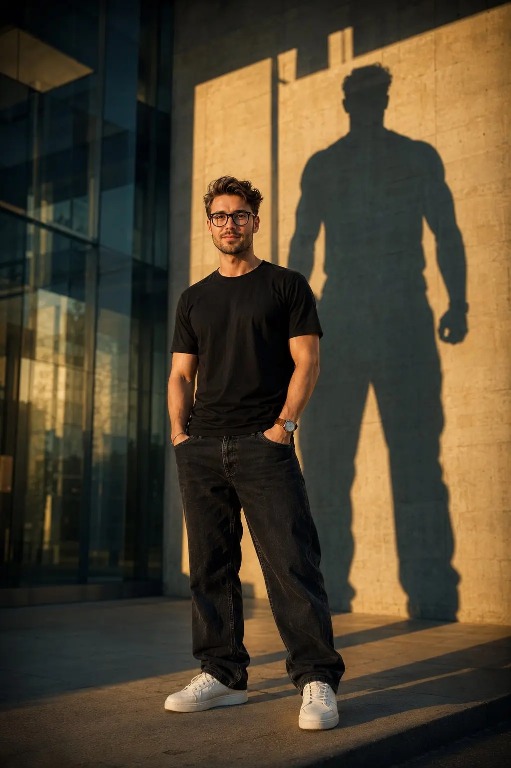 trend prompt: A cinematic ultra-realistic 4K portrait of a confident young man standing in the center of a modern minimalist urban environment during golden hour. He wears a premium fitted black t-shirt, slightly relaxed dark baggy jeans (not oversized), clean white sneakers, a classic brown leather-strap wristwatch with a silver case, and subtle accessories. His posture is calm and powerful, looking straight ahead with determination. Behind him, a massive shadow of himself stretches across a concrete wall - but the shadow is a darker, more imposing version of him, standing taller with a commanding stance, symbolizing ambition and inner strength. Soft volumetric sunlight creates dramatic long shadows, while cinematic rim lighting highlights his silhouette. The environment features sleek concrete architecture, glass panels, and subtle atmospheric haze. Hyper-detailed textures, lifelike skin, realistic fabric folds, HDR lighting, shallow depth of field, natural color grading, sharp focus, premium editorial fashion photography, IMAX composition, 8K-quality realism, Unreal Engine quality, masterpiece, photorealistic, dramatic yet minimal aesthetic.