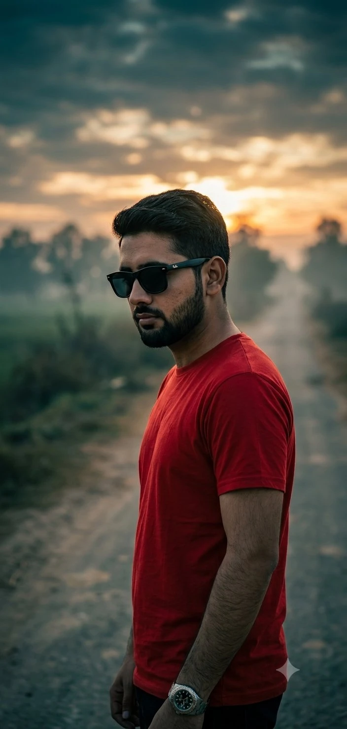 trend prompt: Ultra-realistic cinematic 8K portrait of the same young man (exact face preserved), standing side profile on a rural dirt road, head slightly lowered with a calm serious expression.Haf bazo red t start, black sunglasses, and Rolex watch. Moody foggy countryside, blurred trees, long fading road, dramatic cloudy sunset sky, warm backlight, rim lighting, depth of field, haze, high contrast, teal-orange grading.