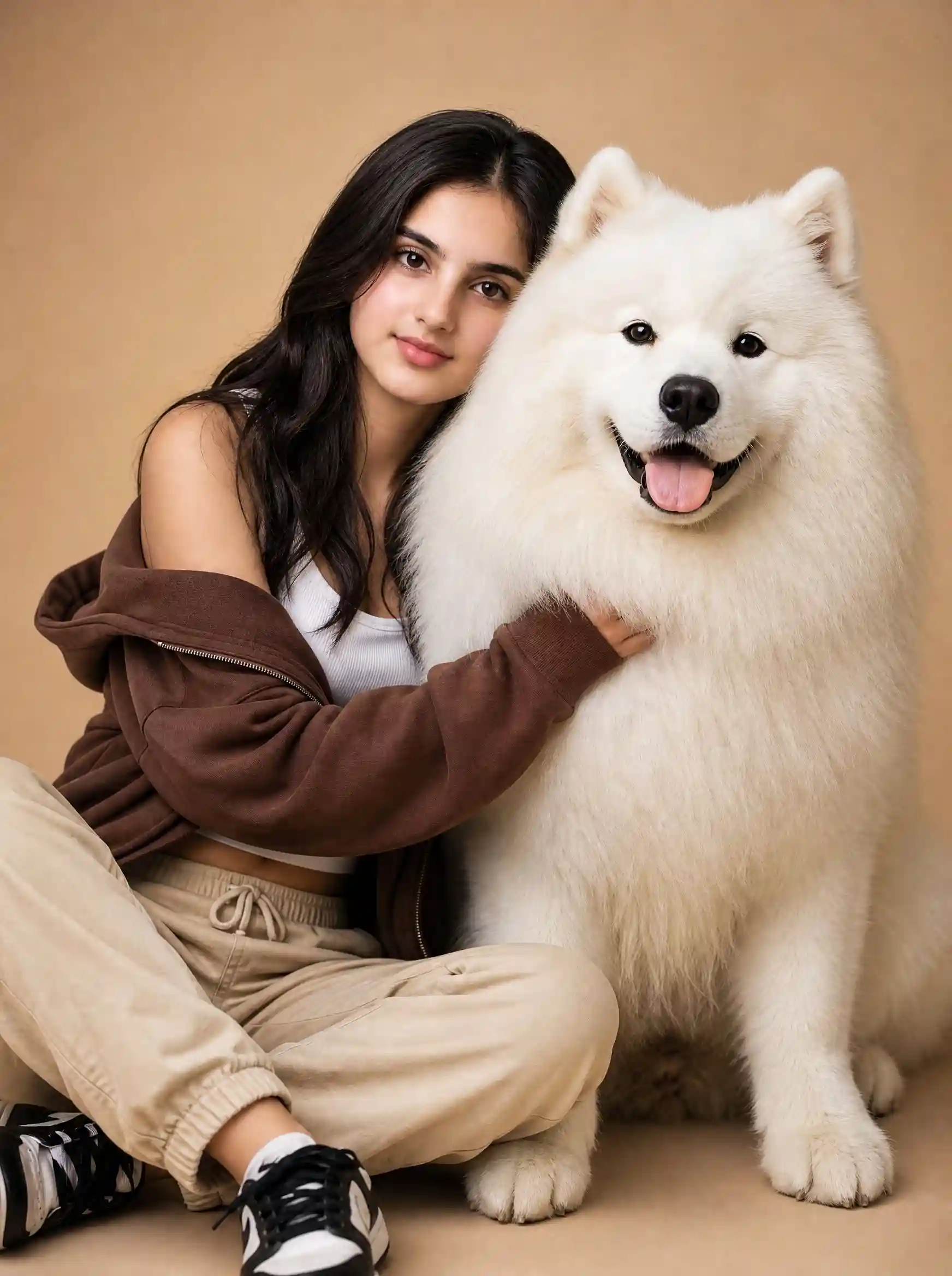 trend prompt: Use the provided reference image. Preserve Main Ingrid's exact facial identity, warm Filipina features, long wavy black hair, natural smile, and medium natural body proportions. She is wearing a white fitted crop top, beige jogger cargo pants, a loose brown hoodie draped off one shoulder, and black-and-white sneakers. Standing closely beside her is a giant fluffy Samoyed with brilliant snow-white fur, a thick cloud-like coat, gentle dark eyes, a happy smiling expression, and an adorable tongue-out grin. Ingrid wraps one arm lovingly around the Samoyed's neck while resting her head softly against its fluffy shoulder. Both face the camera with warm, peaceful expressions, radiating trust and companionship. Clean beige seamless studio background, soft diffused studio lighting, ultra-realistic fur texture, photorealistic skin, luxury pet portrait photography, shallow depth of field, cinematic composition, warm cozy atmosphere, 8K, highly detailed, wholesome friendship portrait.