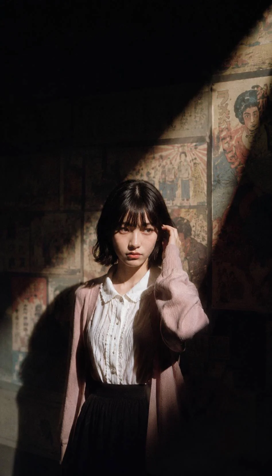 trend prompt: Use my picture reference for the exact face, hairstyle, bangs, facial proportions, skin tone, body posture, and overall silhouette accuracy. Maintain high identity consistency from the reference image. cinematic portrait of a subjek standing alone in a dark exhibition room, She wearing vintage white shirt combined with pink outer, with black vintage material skirt , minimal make up front-profile pose with body facing camera , relaxed posture, one shoulder slightly lowered, hands adjust hair calm mysterious expression, intellectual and elegant aura, positioned in the lower center of frame, surrounded by darkness with a single dramatic diagonal spotlight cutting across the scene from top right to bottom left, half of her body illuminated while the rest fades into shadow, colorful vintage Japanese mural wall behind her with retro cartoon illustrations and traditional art details, cinematic negative space composition, foreground shadows naturally framing the image like torn darkness, moody museum atmosphere, lonely artistic vibes, contemplative mood, realistic photography, subtle film grain, analog texture, muted blacks with vibrant mural accents camera angle: eye-level shot, medium-close portrait framing, subject captured from side at approximately 70-degree profile angle, slight distance from subject for environmental storytelling, centered cinematic composition camera settings: cinematic low-light photography, shallow depth of field, realistic shadow falloff, Kodak Portra film color grading lighting: harsh focused spotlight from upper right creating strong diagonal beam and high contrast shadows, minimal ambient light, deep blacks, soft warm highlight on face and glasses edge vibes: mysterious, artistic, museum-core aesthetic, intelligent quiet energy, melancholic cinematic atmosphere, indie film still, luxury editorial photography, solitary night mood, understated elegance style: ultra realistic, cinematic photography, analog grain, editorial fashion portrait, natural skin texture, subtle imperfections, realistic color science, masterpiece quality negative prompt: anime, smiling, overexposed, extra limbs, bad anatomy, colorful outfit, cyberpunk neon, blurry face, low quality, distorted hands, unrealistic skin, HDR overload, exaggerated makeup, busy composition, duplicate person