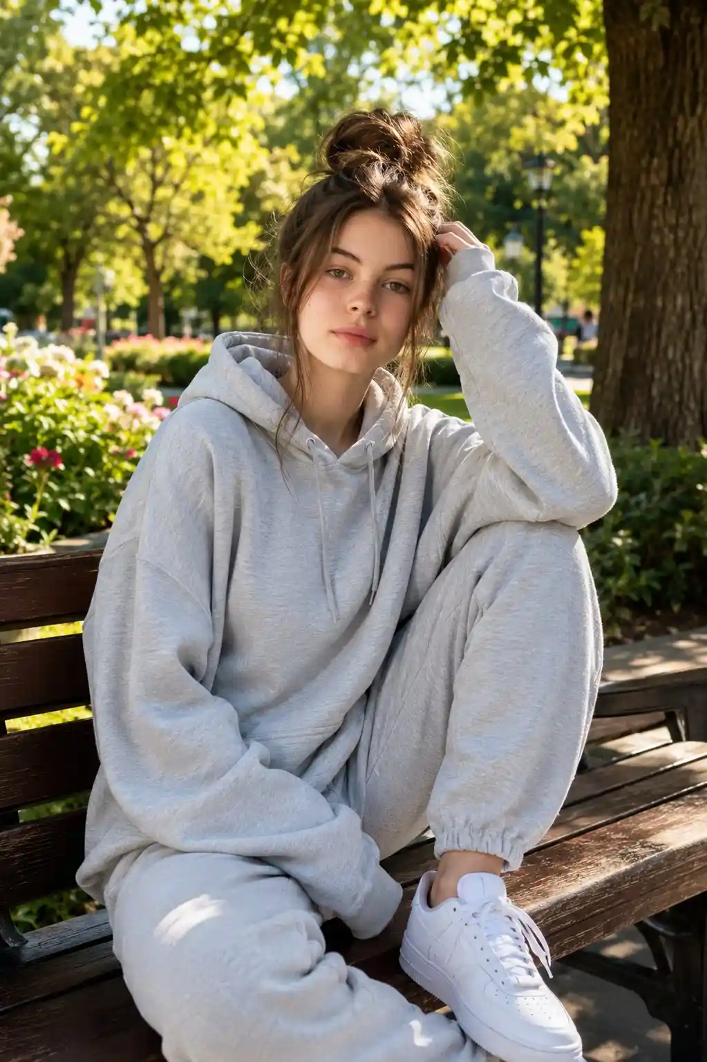 trend prompt: A stunning young woman sitting casually on a wooden park bench in a lush green city park during a bright sunny afternoon, wearing a light gray oversized hoodie and matching sweatpants, clean white sneakers, messy high bun hairstyle with soft face-framing strands, natural makeup, warm gentle smile, looking directly at the camera, one hand touching her hair, relaxed and confident pose with one leg folded on the bench, cinematic lifestyle photography, vibrant flowers, tall green trees, soft sunlight filtering through leaves, shallow depth of field, creamy bokeh, ultra realistic skin texture, high-end fashion editorial, DSLR photography, 85mm lens, f/1.8, natural lighting, HDR, ultra-detailed, photorealistic, 8K, premium quality. Same Face as reference image. Camera Angle.Walk-behind shot.