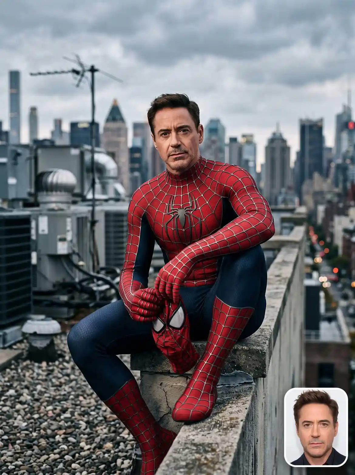 trend prompt: Rooftop Spider-Suit Portrait - Photorealistic Composite Person_Name/Upload Image Take the face, skin tone, hairstyle, and identifying features exactly from the uploaded reference photo (or the named public figure) and realistically composite them onto the body/pose described below. Preserve the subject's real facial structure, expression style, and likeness with high fidelity - do not alter or stylize the face. Classic red-and-blue Spider-Man suit (Sam Raimi trilogy-style webbed design) Pristine, complete, and undamaged - no rips, tears, frays, or exposed threads anywhere on the suit; fabric appears brand-new, clean, and perfectly fitted Textured spandex/lycra fabric with raised stitched web-lines, matte-yet-slightly-sheen finish, deep red chest and limbs, navy-blue sides and legs, large black spider emblem centered on chest Full-face or half-removed mask optional per pose (mask held in hand if partially removed), gloves and boots fully intact matching suit pattern Medium-to-full body shot, subject seated on the ledge/parapet of a rooftop Relaxed seated crouch on the edge, one leg bent up, elbows resting on knee, hands loosely clasped or holding the mask, head turned toward camera with a calm, confident, slightly serious expression Slightly low-to-eye-level angle looking up at subject, shallow depth of field 3:4 vertical portrait Urban rooftop with HVAC units, vents, and antenna structures in the midground Dense city skyline of high-rise buildings, softly blurred (bokeh) to keep focus on subject Overcast, moody cloud cover with soft diffused daylight Improved cinematic soft lighting Large soft key light from upper-front-left, mimicking diffused daylight through clouds, gently wrapping around the face and suit to bring out fabric texture without harsh shadows Subtle cool-toned fill from the right to lift shadow side of the face and suit, avoiding flat lighting Faint rim/edge light along shoulders and hair to separate subject from the background skyline Neutral-cool cinematic grade, slightly desaturated blues and grays in the environment, with the suit's red and blue kept rich and saturated as the focal color contrast Clean, high-end editorial lighting - crisp highlights on suit texture, soft shadow falloff, no muddy or underexposed areas Hyper-photorealistic, shot-on-camera aesthetic (as if captured with a full-frame DSLR, 85mm lens, f/2.0) High micro-detail on fabric weave, skin pores, and hair strands Subtle film-like grain, natural color balance, no over-saturation or artificial HDR look Small rounded-square inset photo in the bottom-right corner showing the real, unaltered reference photo/headshot of the subject for identity comparison White rounded border, drop shadow, placed at bottom-right corner without obscuring the main subject's face no torn or ripped suit fabric, no visible skin through suit tears, no cartoonish rendering, no extra limbs, no distorted hands, no harsh flat lighting, no blurry face, no mismatched identity