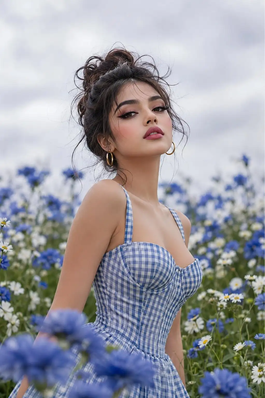 trend prompt: Maximum photorealistic editorial portrait of a young woman in a blooming blue-and-white wildflower field, 3/4 composition from a slightly low angle, calm confident expression, looking into the camera. Preserve her appearance. High messy bun with soft wispy strands, glam makeup, blue-and-white gingham corset dress, gold hoop earrings. Soft overcast lighting, creamy shallow depth of field, ultra-realistic skin and fabric texture, dreamy cottagecore × high-fashion aesthetic, natural colors, magazine quality, no HDR, no AI-plastic skin, no blown highlights.