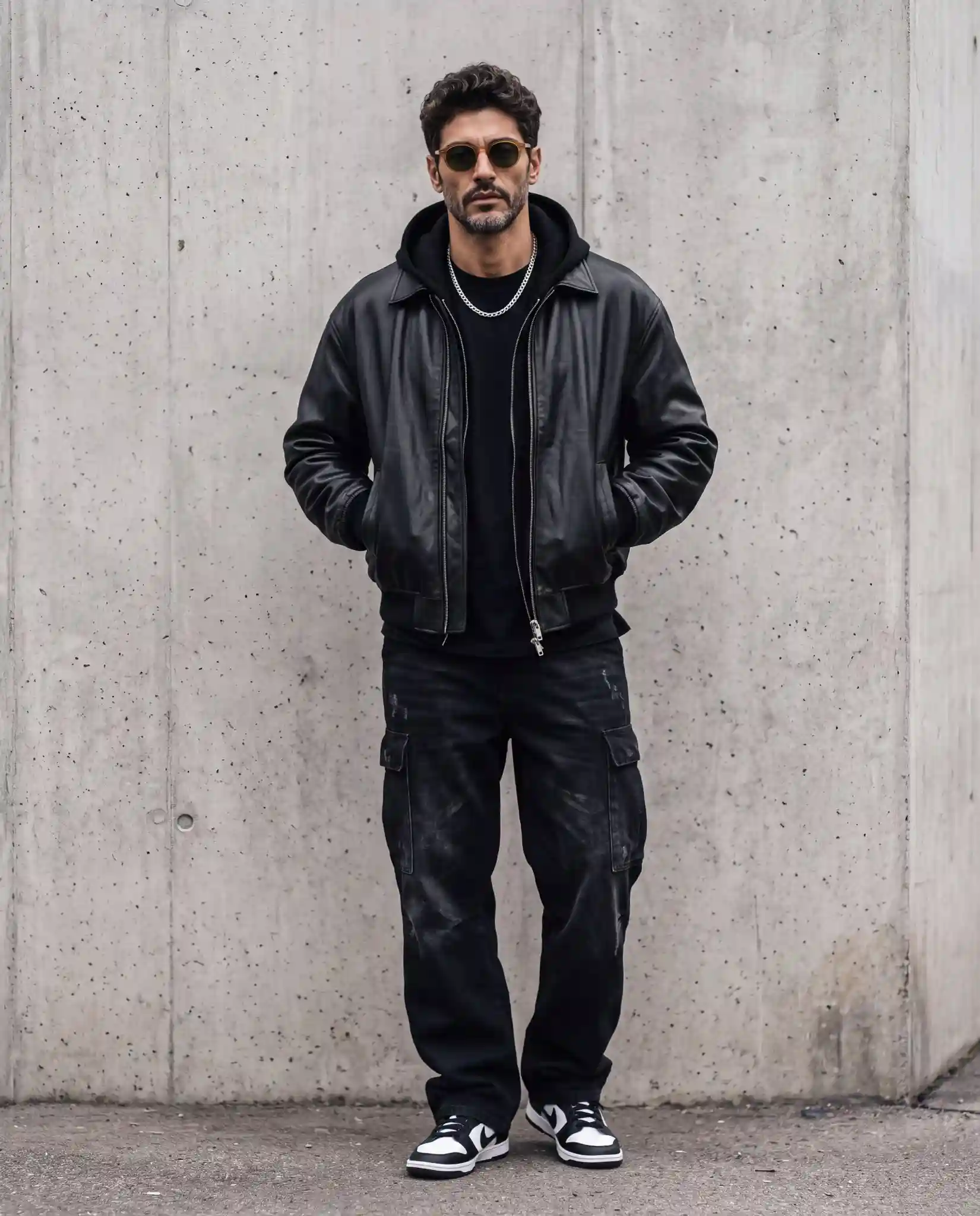 trend prompt: ; Ultra-realistic editorial fashion portrait of the person in refrence, standing casually against a smooth raw concrete wall in an urban setting. Hands in jacket pockets, relaxed confident expression, looking directly at the camera. Wearing a black oversized leather bomber jacket over a black hoodie and black t-shirt, loose black cargo pants with subtle faded texture, silver chain accessory, black-and-white low-top sneakers. Soft overcast daylight, muted grey color palette, minimal background, luxury streetwear aesthetic, high-end fashion campaign, clean composition, natural skin tones, realistic fabric textures, shallow depth of field, full-body shot, 85mm lens, photorealistic, ultra-detailed, cinematic lighting, Vogue editorial quality, 8K. Negative Prompt: cartoon, anime, illustration, CGI, low quality, blurry, oversaturated, extra limbs, distorted body, deformed hands, watermark, text, logo, cropped, duplicate person, noisy background Camera setting: * Lens: 85mm * Aperture: f/2.8 * Lighting: Soft overcast daylight * Aspect Ratio: 4:5 (Instagram portrait) * Style: Editorial, luxury streetwear, photorealistic * Quality: Ultra detailed, 8K If you're replacing the person with your