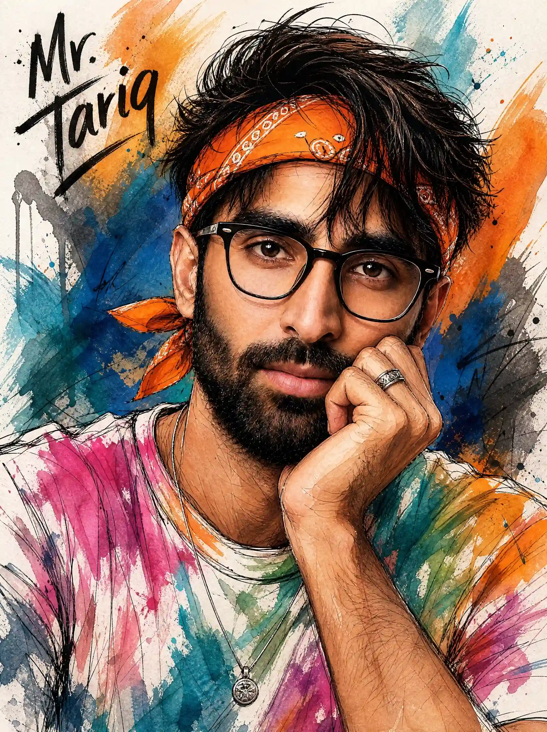trend prompt: Create a vibrant loose pen-and-watercolor fashion sketch illustration, same expressive ink linework and colorful abstract watercolor wash style as reference. A young man wears an orange bandana tied around his head, black-framed glasses, chin resting on his hand, ring visible on finger, calm confident gaze directly at the camera. Wearing a tie-dye style multicolor t-shirt (pink, teal, orange, green splashes), thin necklace with a small pendant. Same abstract colorful brush-stroke background with blue, orange, and grey paint splashes, loose sketchy linework, and close-up camera angle as reference. Add stylish text "Mr. Tariq" in the top corner.