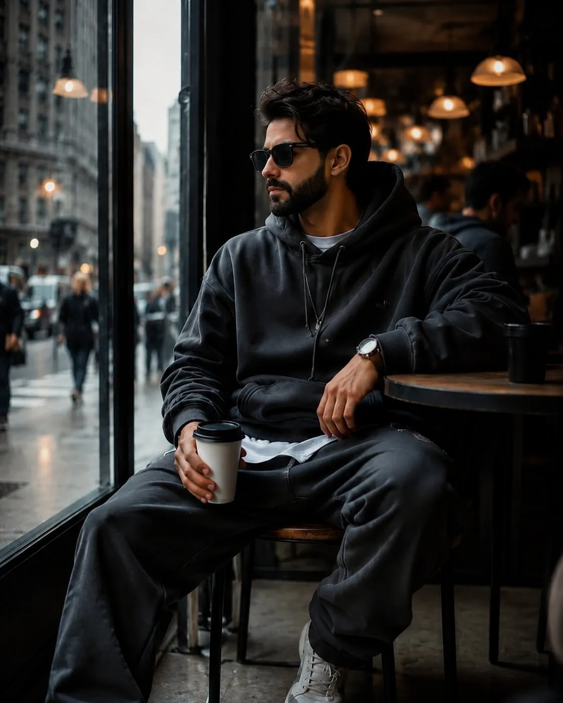 trend prompt: Ultra-realistic cinematic DSLR photograph of a stylish young man sitting inside a modern café by a large floor-to-ceiling window on a rainy city day. He is wearing matte black sunglasses, a dark oversized hoodie, matching charcoal sweatpants, a white layered T-shirt, white sneakers, and a minimalist wristwatch. He holds a takeaway coffee cup while gazing thoughtfully out the window. Warm pendant lights create a cozy amber glow inside the café, contrasting with the cool blue-gray tones of the rainy urban street outside. Photorealistic skin with natural pores and fine facial detail, realistic fabric textures, authentic reflections on the sunglasses, cinematic color grading, shallow depth of field, soft bokeh, realistic shadows, 85mm full-frame DSLR lens, f/1.8, ultra-detailed RAW photography, true-to-life colors, premium editorial lifestyle photography, hyper-realistic, 8K, no AI artifacts, --ar 4:5