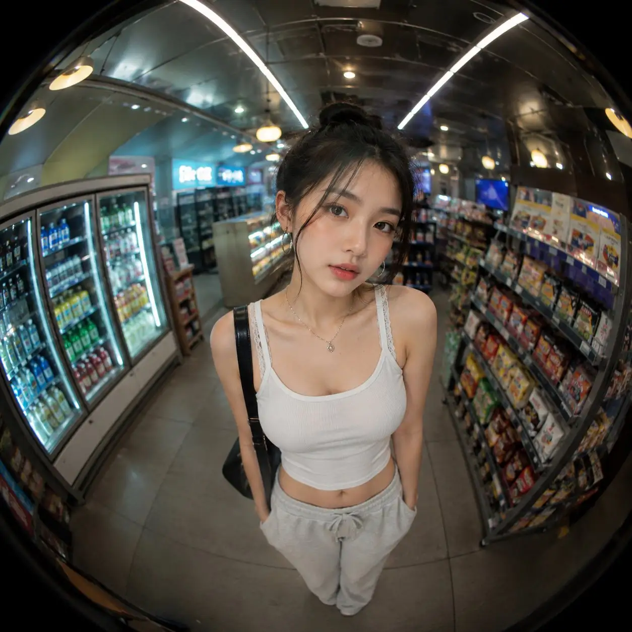 trend prompt: ; Create a photorealistic portrait of inside , captured with an ultra-wide fisheye lens from a close, slightly elevated viewpoint. The lens should create smooth, natural barrel distortion that gently curves the surrounding environment while keeping the subject as the main focus. The subject is wearing , standing in with a . The overall mood is relaxed, authentic, and contemporary, resembling a casual lifestyle photograph taken during an everyday outing. Design the location with realistic details that suit the setting, such as overhead lighting, neatly arranged shelves, signs, reflective surfaces, and subtle background activity. Use the fisheye perspective to emphasize the spaciousness of the environment while maintaining natural-looking proportions. Render the image in a premium editorial photography style with lifelike skin texture, realistic fabric details, balanced colors, and soft cinematic lighting. Keep the composition clean, immersive, and highly detailed. Photography settings: Ultra-wide fisheye lens (approximately 8-10 mm), f/2.8, ISO 200, HDR, high-resolution, crisp focus. Avoid: low-resolution output, blurry details, duplicate features, extra fingers or limbs, unrealistic anatomy, waxy skin, excessive saturation, text, logos, watermarks, or visual artifacts.