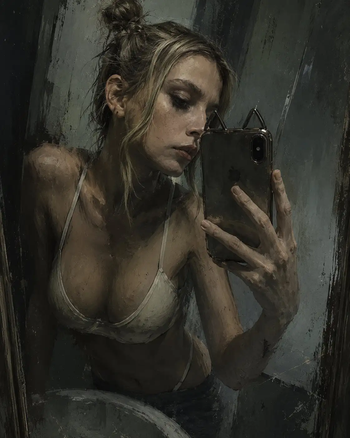 trend prompt: Digital illustration in a conceptual painting style of the attached androgynous, grunge-style model taking a selfie in front of a mirror. Gloomy and dramatic lighting. Desaturated color palette in grayish and greenish tones. Digital painting texture with visible brushstrokes, film grain, and a dirty or worn mirror effect. High quality, melancholic atmosphere.