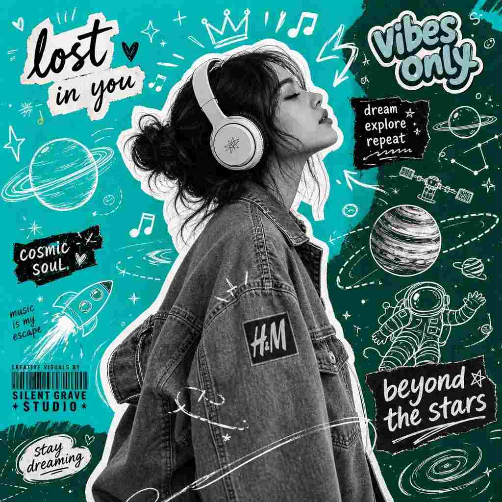 GPT Image 2 prompt: Create an original Y2K-inspired scrapbook collage poster featuring a stylish young woman in side profile wearing large wireless headphones, peacefully enjoying music with eyes closed. She wears an oversized vintage H&M jacket with visible stitching and relaxed streetwear styling.
The subject should appear as a high-contrast black-and-white photographic cutout with thick white sticker-style outline around the entire body, creating a trendy collage aesthetic.
Use a clean solid vibrant turquoise/aqua and deep green background with playful white hand-drawn doodle illustrations surrounding the character. Include floating planets with rings, stars, jupiter rings constellations, meteors, rockets, astronauts, satellites, orbit lines, abstract swirls, sparkles, and musical notes.
Add dynamic sketch arrows, crown doodles, motion lines, and layered graphic elements around the head and body to create movement and youthful energy. Some doodles should overlap the subject naturally for a realistic scrapbook effect.
Integrate modern Gen-Z typography in a mix of handwritten script and bubbly sticker-style text. Use original phrases like:
“lost in you”
“vibes only”
“dream explore repeat”
“cosmic soul”
“beyond the stars”
Composition should feel creatively chaotic yet balanced, inspired by modern Pinterest collage art, Tumblr aesthetics, Spotify cover designs, indie teen magazine layouts, and social-media editorial posters.
Visual style:
Y2K collage aesthetic
Indie music poster vibes
Scrapbook journal style
Modern streetwear editorial
Cute doodle graphics
Trendy Gen-Z branding
Minimal but highly stylized
Dreamy youthful atmosphere
Design details:
Thick white contour cutout around subject
White doodle overlays
Clean negative space
Soft grain texture
High-detail denim texture
Hand-drawn imperfect sketch lines
Dynamic asymmetrical composition
Professional graphic design layout
Viral social-media-ready aesthetic
High-resolution print-quality artwork
Vertical 4:5 aspect ratio
Replace all existing branding and copyrights with completely original fictional branding text:
“Creative Visuals by Silent Grave Studio”
Ensure the artwork looks fully original and uniquely branded, inspired by modern scrapbook collage trends rather than copied artwork. Ultra detailed, aesthetic masterpiece, highly polished graphic design.