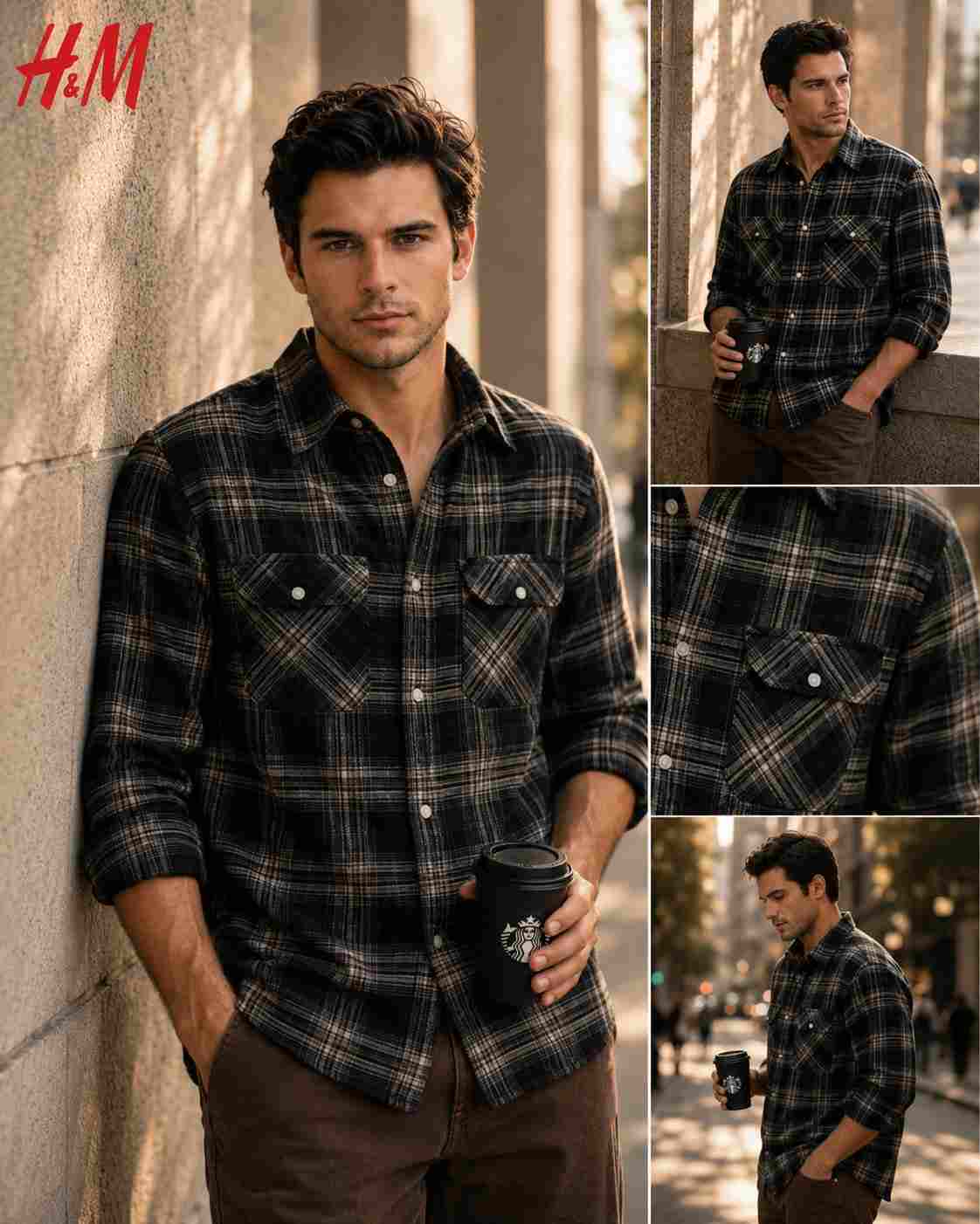 GPT Image 2 prompt: Ultra realistic luxury fashion advertisement poster for H&M, vertical editorial collage layout, handsome young male model with sharp jawline and textured black hair, wearing a black and grey plaid flannel shirt with all green tones replaced by deep charcoal black, paired with dark brown denim pants, no inner white t-shirt visible, sleeves slightly rolled, relaxed confident pose leaning against textured stone wall in a cinematic urban street during golden hour, holding a matte black takeaway coffee cup inspired by premium café aesthetic, warm sunlight with soft shadows and creamy bokeh background, high-end lifestyle campaign vibe, minimalist composition, premium streetwear aesthetic, photorealistic skin texture, luxury fashion magazine lighting, multiple collage panels showing close-up shirt details and side profile shots, shallow depth of field, earthy muted tones, sharp focus on outfit, subtle luxury mood, clean background, only red H&M logo placed at top left, no other text, no price tags, no watermark, no extra graphics, ultra detailed, 4k fashion campaign, editorial photography, realistic fabric folds, modern Scandinavian fashion branding style, cinematic color grading, Instagram luxury ad aesthetic.