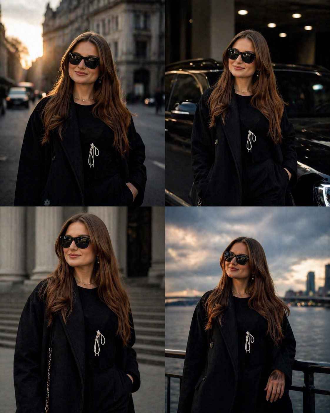 GPT Image 2 prompt: A cinematic street-style portrait photoshoot of a beautiful woman with long wavy brown hair wearing black sunglasses, an oversized black coat, and a black outfit with white drawstrings. She is posing confidently in different luxury urban locations during golden hour and cloudy evening light. Background includes elegant European-style streets, luxury cars, classic architecture, city waterfront, and soft bokeh lights. Moody editorial fashion photography, natural skin texture, warm tones, shallow depth of field, soft cinematic lighting, high detail, luxury aesthetic, realistic photography, premium Instagram fashion vibe, 85mm lens, ultra realistic, 4k.

Negative Prompt:
blurry, low quality, extra fingers, distorted face, bad anatomy, cartoon, overexposed, noisy background, duplicate person, unrealistic skin, watermark, text, logo.