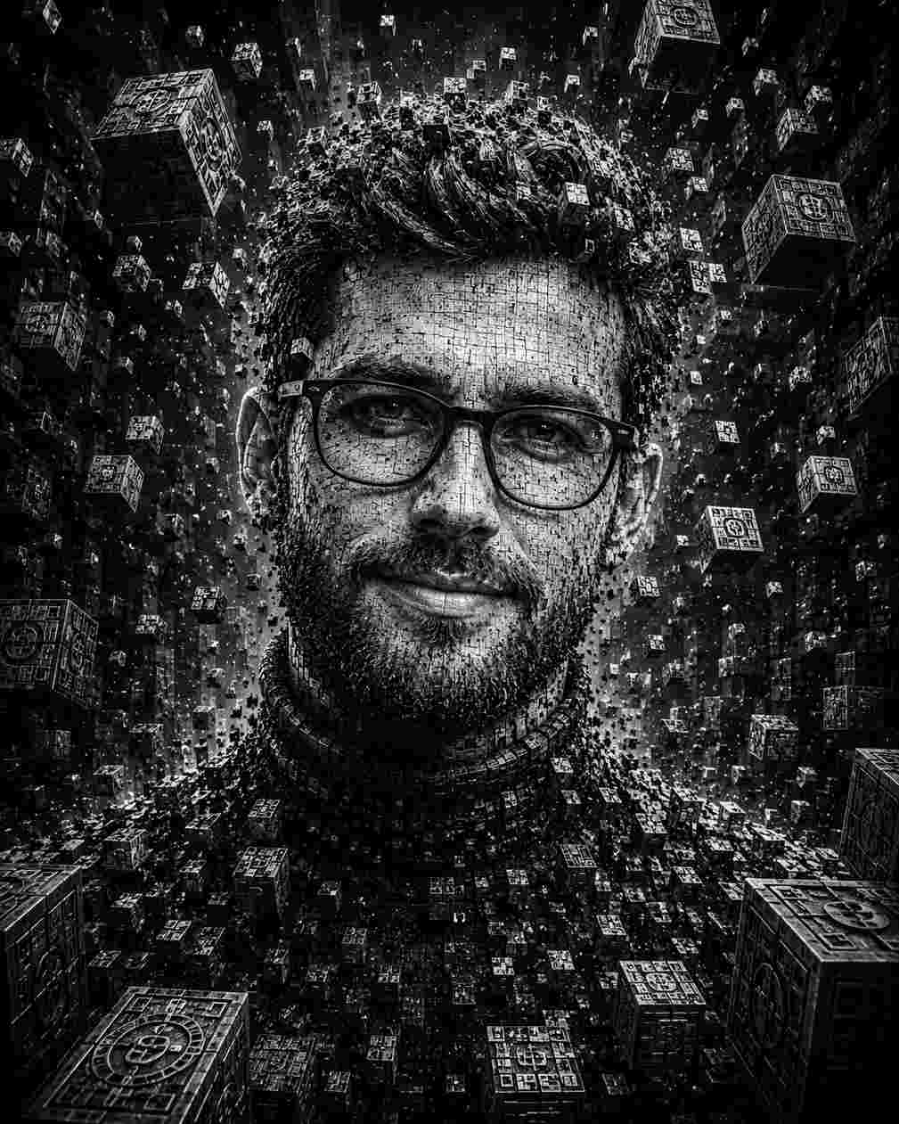 GPT Image 2 prompt: Ultra-detailed monochrome sci-fi portrait of a man with glasses, his face constructed entirely from thousands of intricate metallic cubes and fragmented stone-like tiles, floating geometric blocks exploding outward from his head in a dark infinite void, surreal cybernetic architecture environment, cinematic lighting, hyper realistic textures, deep shadows, futuristic engraved symbols on cubes, chaotic particle debris, centered symmetrical composition, intense gaze, dystopian AI consciousness aesthetic, biomechanical realism, volumetric atmosphere, ultra high contrast black and white palette, IMAX-quality concept art, insanely detailed, 8K, dark fantasy meets cyberpunk, floating cube dimension, photorealistic facial detail, dramatic depth perspective, ambient particles, visually overwhelming complexity
