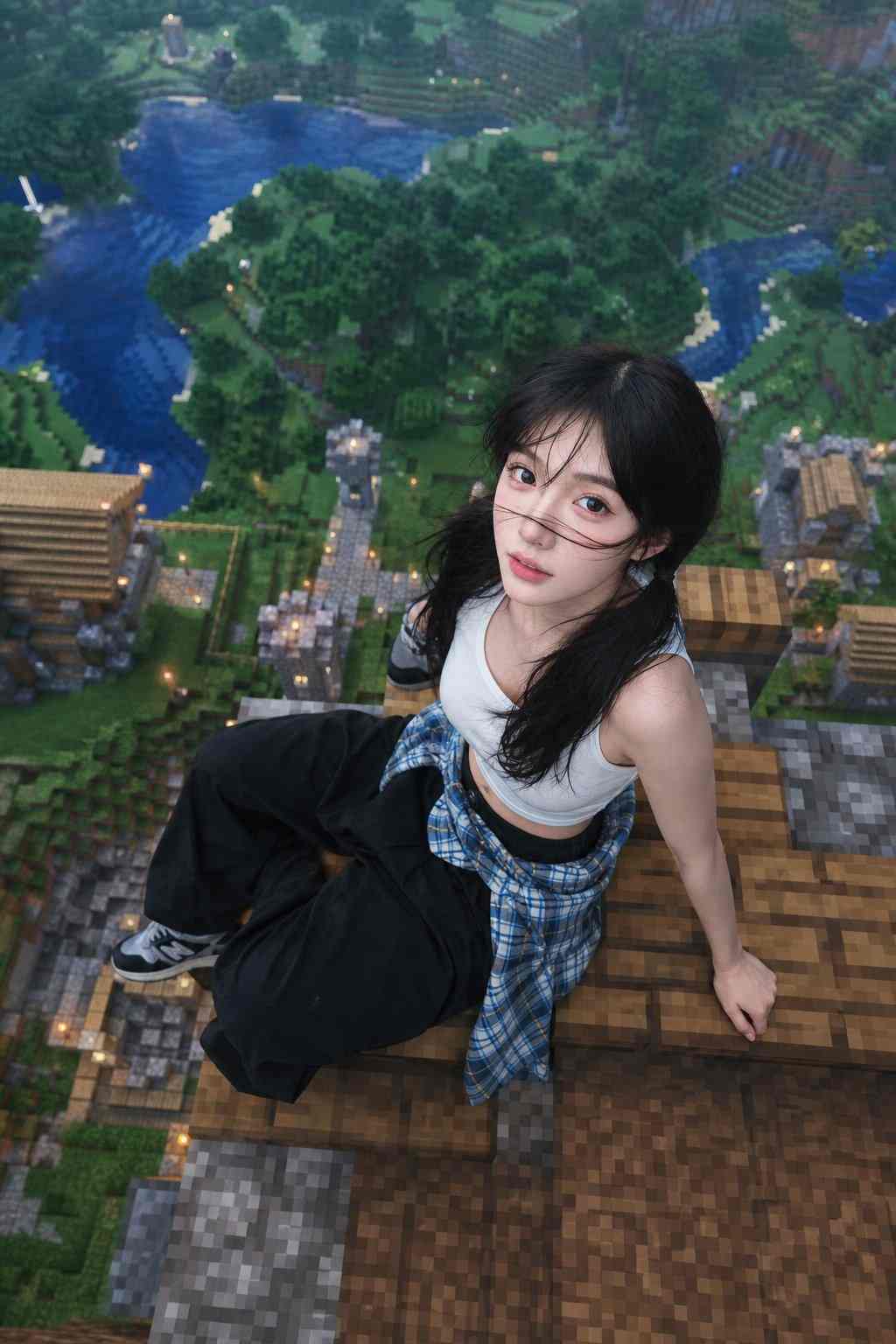 GPT Image 2 prompt: Use the provided face as the primary identity. Preserve exact facial structure, proportions, eyes, nose, lips, and natural skin texture. Do not alter identity.

A highly realistic photo of a young woman sitting on top of a Minecraft-style house roof, viewed from a high aerial perspective. The environment is a vast Minecraft world with blocky forests, rivers, and villages far below, rendered in authentic Minecraft style (pixelated textures, cubic geometry).

Subject:
- Female sitting casually on the edge of the roof
- Natural relaxed pose, slightly leaning back with one hand supporting body
- Looking up toward the camera (top-down drone angle)
- Expression slightly open mouth / candid / playful

Outfit:
- White sleeveless top
- Long sleeve flannel shirt tied around the waist
- Black oversized pants
- Casual streetwear vibe

Style & Rendering:
- Face and body must be photorealistic (real human skin, natural lighting)
- Environment fully Minecraft style (blocky, pixel textures)
- Seamless blend between realistic subject and game world
- Soft daylight, slightly hazy distance, cinematic depth
- High detail, sharp focus on subject, background slightly blurred (depth of field)

Composition:
- Subject centered on rooftop
- Roof clearly Minecraft block style
- Extreme height feeling (ground very far below)
- Slight wide-angle lens effect

Quality:
ultra realistic, 4k, high detail, cinematic lighting, photorealistic skin texture, no cartoon face, no distortion, no extra limbs
