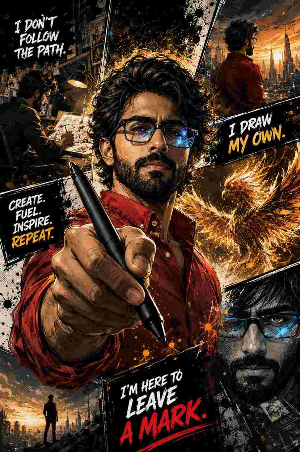 GPT Image 2 prompt: Ultra-detailed cinematic comic-book portrait of a visionary South Asian man with messy black hair, thick beard, and rectangular glasses, illustrated in a gritty modern graphic novel style. Dynamic manga/comic panel composition with sharp diagonal frames, dramatic perspective shots, expressive close-ups, and ink splatter textures. The character stands confidently holding a stylus pen toward the viewer, symbolizing creativity and ambition. Background scenes show him sketching alone at a dimly lit desk, overlooking a futuristic city skyline at sunset, and surrounded by explosive golden phoenix-like energy. High-contrast chiaroscuro lighting, glowing highlights, cinematic shadows, painterly brush strokes, textured ink, detailed facial features, realistic skin tones, intense eyes with subtle blue reflections on glasses. Typography integrated into the comic panels with motivational phrases in bold hand-drawn lettering: “I DON’T FOLLOW THE PATH.” “I DRAW MY OWN.” “CREATE. FUEL. INSPIRE. REPEAT.” “I’M HERE TO LEAVE A MARK.”
Color palette of black, white, deep charcoal, warm gold, fiery orange, crimson red, and electric blue accents. Hyper-detailed digital illustration, Marvel/DC comic fusion aesthetic, anime-influenced cinematic storytelling, dramatic energy bursts, motion splashes, ultra-sharp focus, 8k, highly stylized yet realistic, trending on ArtStation.