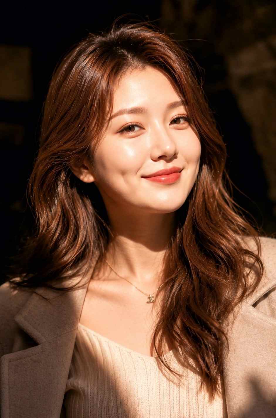 GPT Image 2 prompt: Ultra realistic close-up portrait of a beautiful young East Asian woman with the exact facial structure and soft feminine features from the reference image, natural glowing skin, subtle makeup, glossy peach lips, soft dimples, warm gentle smile, relaxed confident expression, medium-length dark brown wavy hair with natural volume and soft flyaways, direct eye contact with camera.

Keep the exact composition, framing, pose, lighting, shadows, and cinematic mood from the original portrait reference. Warm golden hour sunlight hitting half of the face and body, dramatic soft shadows across the chest and background, dark blurred background with rich contrast and shallow depth of field.

Outfit should be elegant minimal aesthetic fashion: cream ribbed knit top, soft beige wool overcoat casually draped over shoulders, delicate gold necklace, luxury clean-girl aesthetic, cozy premium fashion vibe.

Photo should feel natural and candid, not overposed. Preserve realistic skin texture, natural facial proportions, cinematic highlights, smooth warm color grading, luxury lifestyle photography look, ultra detailed, DSLR quality, 85mm lens, f/1.8 depth of field, high sharpness on eyes and face, soft background bokeh, premium Instagram aesthetic, realistic lighting, photorealistic, 4k.

Negative prompt: cartoon, anime, exaggerated smile, oversaturated skin, plastic skin, distorted face, bad anatomy, low quality, blurry eyes, extra accessories, text, watermark, overediting, harsh HDR, duplicate features, unnatural pose, fake AI look, over sharpened skin.