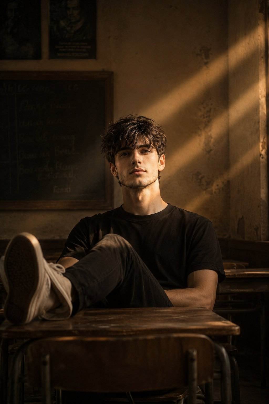 GPT Image 2 prompt: Cinematic portrait of the man in the picture
(preserve 100% facial details of this man), vintage classroom. The camera is shot from a distance, with a small section of the chair's back visible in front, as if the photographer was taking the portrait discreetly or in a quiet moment. Soft, gol-den-yellow lighting reflects from a small window or gap in the right wall, forming diagonal lines of light that fall directly on the man's face, creating a dramatic and emotional contrast.
The man sits alone in a chair, his feet resting on the desk, with a relaxed and cool expression, as if lost in thought.....