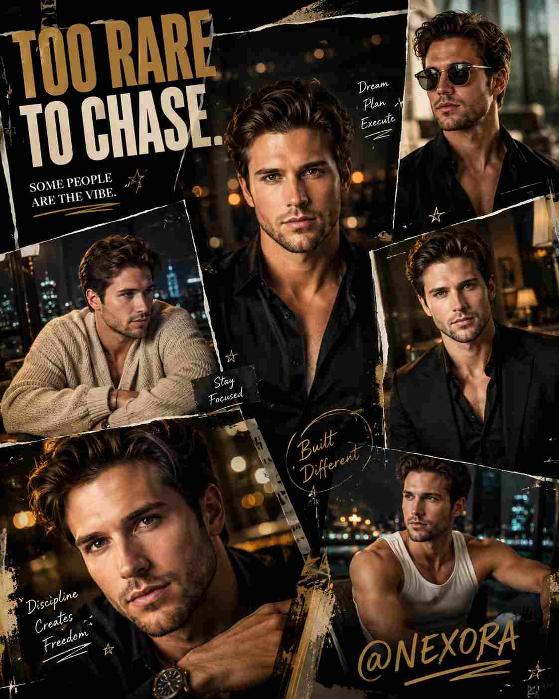 GPT Image 2 prompt: A breathtaking ultra-cinematic luxury portrait collage featuring one extremely handsome male model with the SAME IDENTICAL FACE across all frames, designed to look irresistibly charming, elegant, magnetic, and emotionally addictive. 



The vibe is  a mix of:

luxury fashion campaign + dreamy nightlife romance + celebrity editorial + modern masculine elegance + soft seductive charisma.



The model has:

perfect masculine facial structure, sharp jawline, captivating deep eyes, textured soft black hair, glowing skin, subtle stubble, attractive smile, rich facial symmetry, emotionally warm but mysterious expression, effortlessly charming aura.



Create a visually stunning 4:5 vertical collage with layered cinematic frames, ripped paper edges, magazine-style composition, overlapping photos, soft depth transitions, and premium editorial storytelling.



Each frame captures a different attractive mood:

— confident eye contact in black satin shirt

— relaxed smile in luxury cardigan

— stylish candid moment with sunglasses

— elegant black blazer portrait

— soft close-up with warm golden lighting

— casual white tank top with athletic physique



Fashion styling should feel expensive and irresistible:

black satin shirts, luxury knitwear, tailored blazers, minimal jewelry, watch, rings, subtle chains, premium masculine styling.



Lighting should be BEAUTIFUL and cinematic:

soft warm glow, golden hour tones, luxury hotel lighting, subtle neon reflections, soft shadows, glossy highlights, dreamy atmosphere, realistic skin reflections, cinematic rim lighting, shallow depth of field.



Background:

luxury penthouse vibes, blurred city skyline, upscale nightlife atmosphere, warm bokeh lights, rainy neon reflections, expensive hotel interiors, modern urban romance aesthetic.



Color grading:

rich warm skin tones, deep cinematic blacks, amber highlights, champagne gold accents, luxury editorial contrast, Kodak Portra cinematic look, slightly dreamy finish.



Graphic design elements:

minimal elegant doodles, soft handwritten notes, premium typography, subtle brush strokes, luxury magazine layout, classy cinematic text placement.



Main text:

“TOO RARE TO CHASE.”

Secondary text:

“SOME PEOPLE ARE THE VIBE.”



” naturally like a luxury signature.



The final image should feel:

attractive, charming, emotionally magnetic, luxurious, seductive, stylish, celebrity-level beautiful, impossible to ignore on social media.



Ultra realistic, masterpiece, high fashion photography, cinematic portraiture, award-winning composition, realistic skin texture, ultra detailed eyes, HDR quality, premium Instagram editorial aesthetic, visually addictive.



Negative prompt:

bad anatomy, ugly face, extra faces, plastic skin, low quality, distorted hands, cartoon look, blurry details, harsh shadows, cheap fashion, AI artifacts, oversaturated colors, boring composition, text glitches.