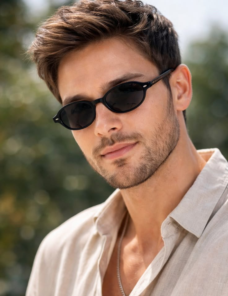 GPT Image 2 prompt: Ultra realistic cinematic portrait of a handsome young man outdoors during golden hour, wearing a light beige linen shirt slightly open at the collar with a thin silver chain necklace, black slim oval sunglasses, soft confident smile, sharp jawline, light stubble beard, thick textured dark brown hair styled naturally, warm glowing skin, relaxed luxury aesthetic, shallow depth of field, creamy green bokeh background, natural sunlight hitting face softly, DSLR quality, ultra detailed skin texture, realistic hair strands, fashion editorial style, centered composition, 85mm lens, f/1.8, photorealistic, clean luxury vibe, high sharpness, 4k vertical portrait
