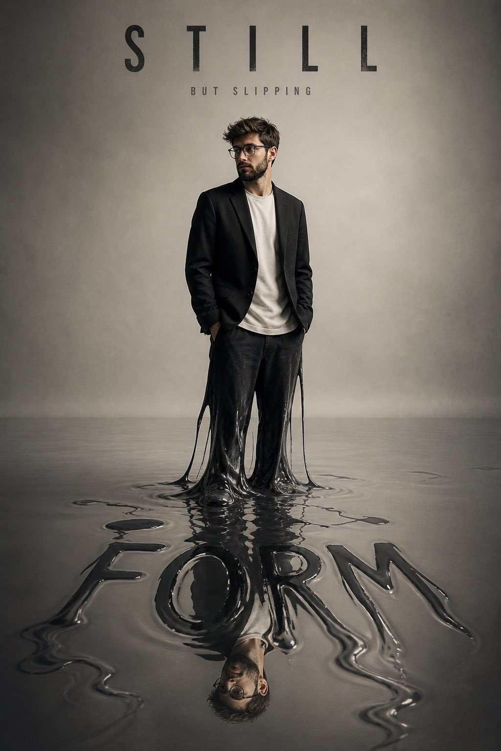 GPT Image 2 prompt: Full-body shot of a man standing still while the lower half of his body is melting into a glossy liquid pool that reflects his face clearly.

Outfit: structured blazer with casual pants.
Shoes partially dissolved into liquid.
Reflection is sharper than reality.

Typography:

* Top: “STILL”
* Small text: “BUT SLIPPING”
* Liquid surface text distortion: “FORM”

Mood: loss of control, instability, quiet breakdown.