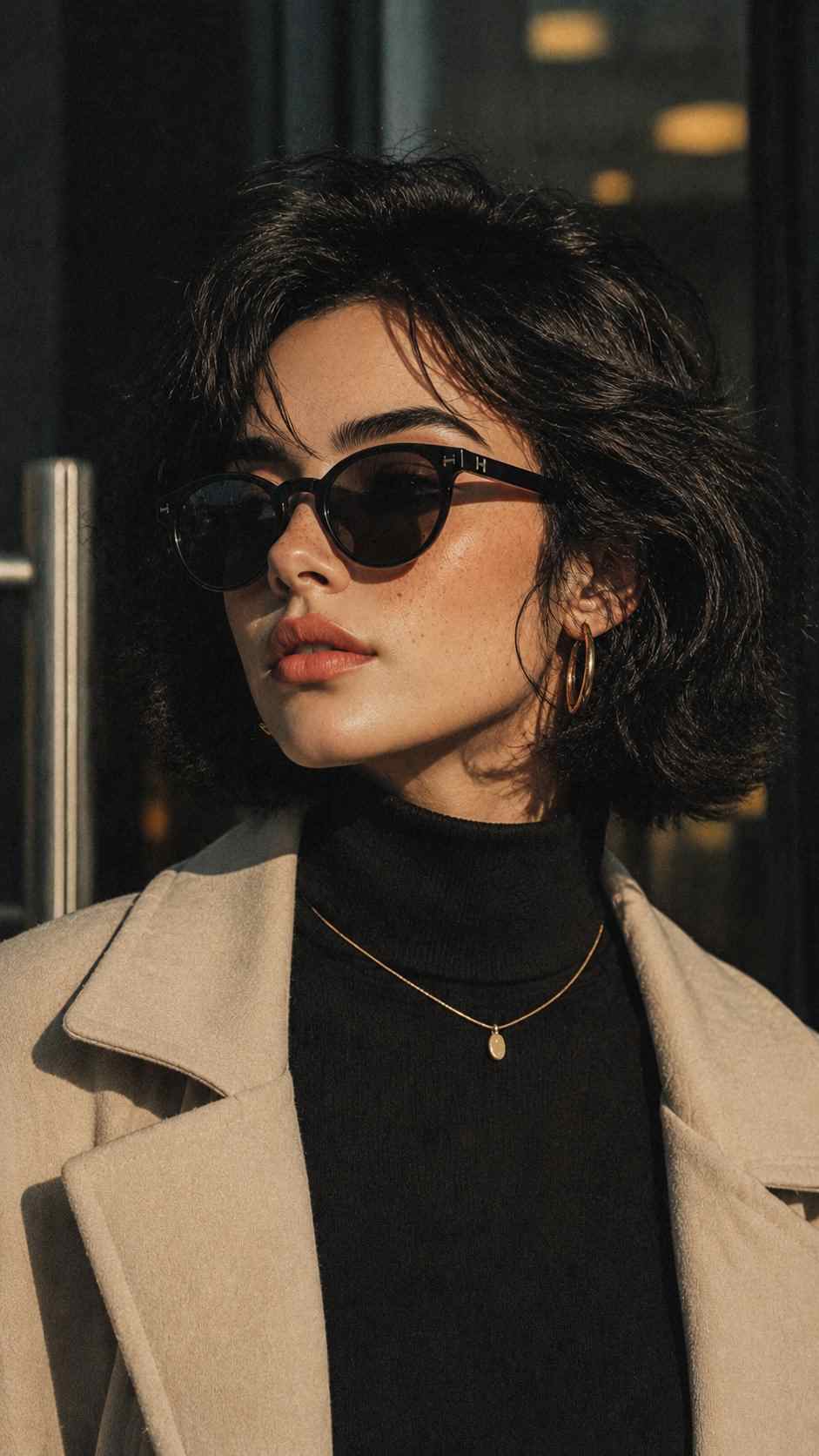 GPT Image 2 prompt: Generate a high-quality, cinematic close-up portrait of a young woman inspired by the uploaded reference image. The scene is captured at eye level with a shallow depth of field, keeping the subject in sharp focus while the urban background melts into a soft architectural blur.

Subject Details:
The woman has short, messy black bob hair with soft textured waves moving naturally in the wind. Her skin is smooth with subtle freckles and a soft matte finish. She has defined eyebrows, long lashes, and naturally full lips with nude peach lipstick. She is wearing matte black round-framed sunglasses with a subtle silver “H” logo on the temples. The lenses are dark with slight reflections of the outdoor environment.

She wears medium-sized gold hoop earrings, a minimal gold pendant necklace, a black ribbed turtleneck sweater, and an oversized cream-beige trench coat with soft fabric texture. Her expression is calm, confident, and slightly mysterious, with her face turned slightly toward the light source.

Lighting and Color:
Natural directional sunlight comes strongly from the right side of the frame, creating dramatic side-lighting. Deep shadows fall across the left side of her face and neck while highlights emphasize the texture of her skin, lips, hair strands, and cheekbones. The image uses a moody cinematic teal-and-orange color grade with deep charcoal blacks, warm skin tones, muted cream colors, and soft amber bokeh lights in the background.

Environment and Composition:
The setting suggests a modern urban building entrance with blurred vertical metal frames, glass panels, and soft reflections visible behind her. A metallic pillar or handle appears on the left edge of the frame. The atmosphere feels luxurious, contemporary, and editorial. Add realistic film grain and soft texture for a gritty cinematic aesthetic.

Photography Style:
Ultra-realistic, editorial fashion photography, shallow depth of field, 85mm lens look, high detail skin texture, realistic lighting, cinematic composition, luxury magazine aesthetic, natural shadows, soft bokeh, realistic fabric folds, photorealistic, 4K quality.