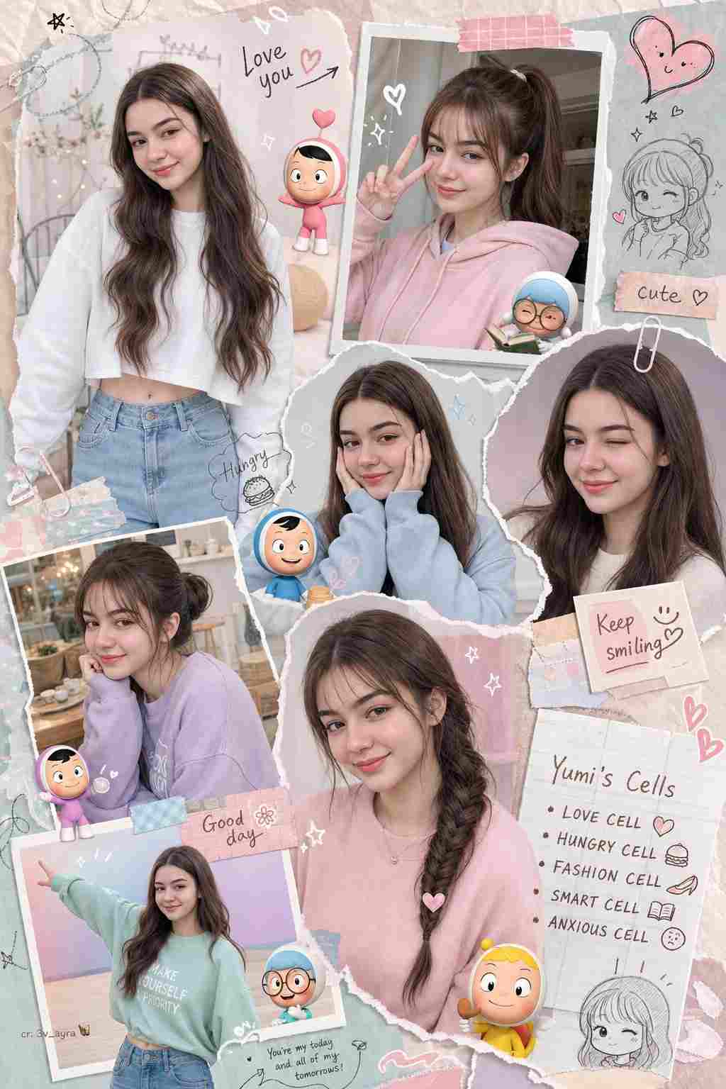 GPT Image 2 prompt: Asymmetrical modern scrapbook style photo collage featuring a young woman using the exact face from the reference image, preserving identity, proportions, and natural skin texture across all frames. Multiple cutout photos of the same woman in playful poses (jumping, peace sign, winking, hands on cheeks, cheerful expressions), arranged in a dynamic layered composition with polaroid frames, rounded cuts, torn paper edges, sticker-style frames, and transparent overlays. Hairstyle variations include long wavy hair, ponytail with thin bangs and baby hair, low bun with straight bangs, and fishtail braid with soft bangs, all clean and well-styled. Korean makeup look with dewy skin, soft glow, gradient lips, subtle blush, light shimmer eyes, clean eyeliner, natural lashes. Include cute pastel 3D chibi characters inspired by cell-like emotions interacting around the collage, along with hand-drawn doodles such as hearts, stars, sparkles, speech bubbles, and scribbles. Add scrapbook elements like pastel washi tape, memo notes, stickers, paper textures, and layered decorations. Outfit is casual stylish (oversized sweater or crop hoodie with high-waist jeans or skirt and sneakers) in soft pastel tones (pink, mint, lilac, baby blue). Background varies slightly per frame (aesthetic bedroom, cute café, or pastel textured backgrounds). Photography style includes close-ups and medium shots, slightly tilted angles, shallow depth of field (f/1.8–f/2.8), creamy bokeh, soft natural lighting with warm tones, ultra-sharp details, crisp edges, no blur or noise. Clean balanced composition in vertical 9:16 format. Add a small handwritten rose gold watermark on the left side reading ‘cr: 3v_ayra’ with a tiny butterfly. Negative prompt: blurry, low resolution, pixelated, distorted face, inconsistent identity, bad anatomy, messy hair, harsh shadows, cluttered layout, oversaturated colors, text errors, large watermark.